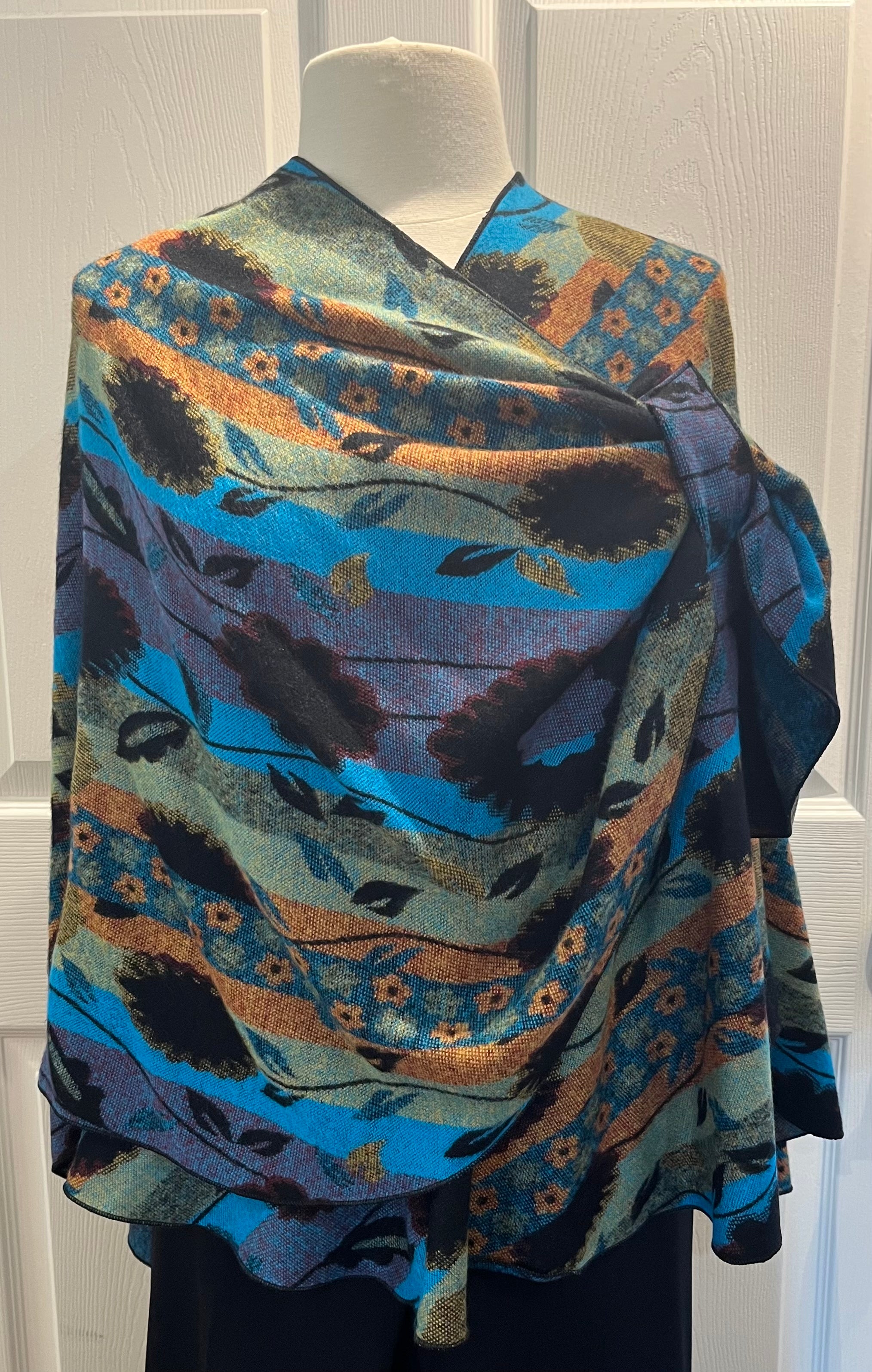 Turquoise, Rust, Green & Black Reversible Cashmere Shawl