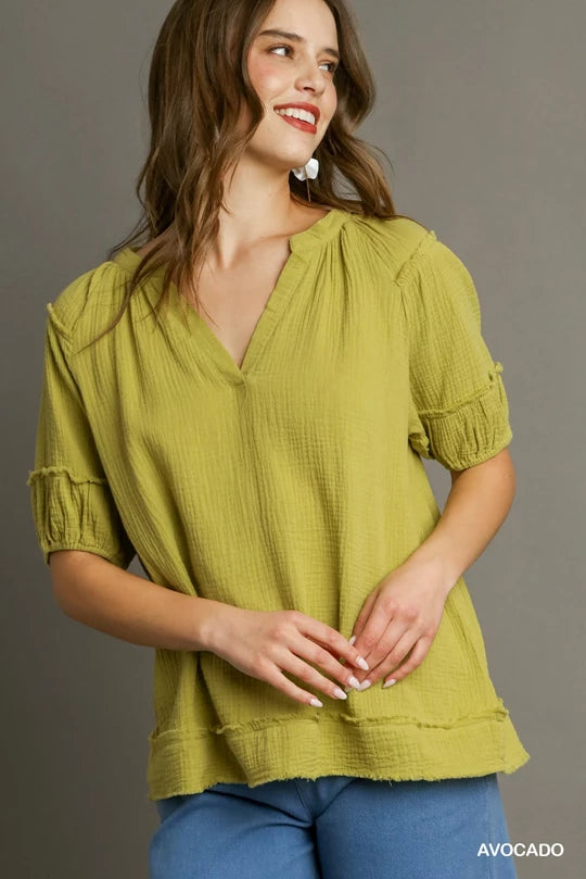 Avocado V-Neck Cotton Gauze Top