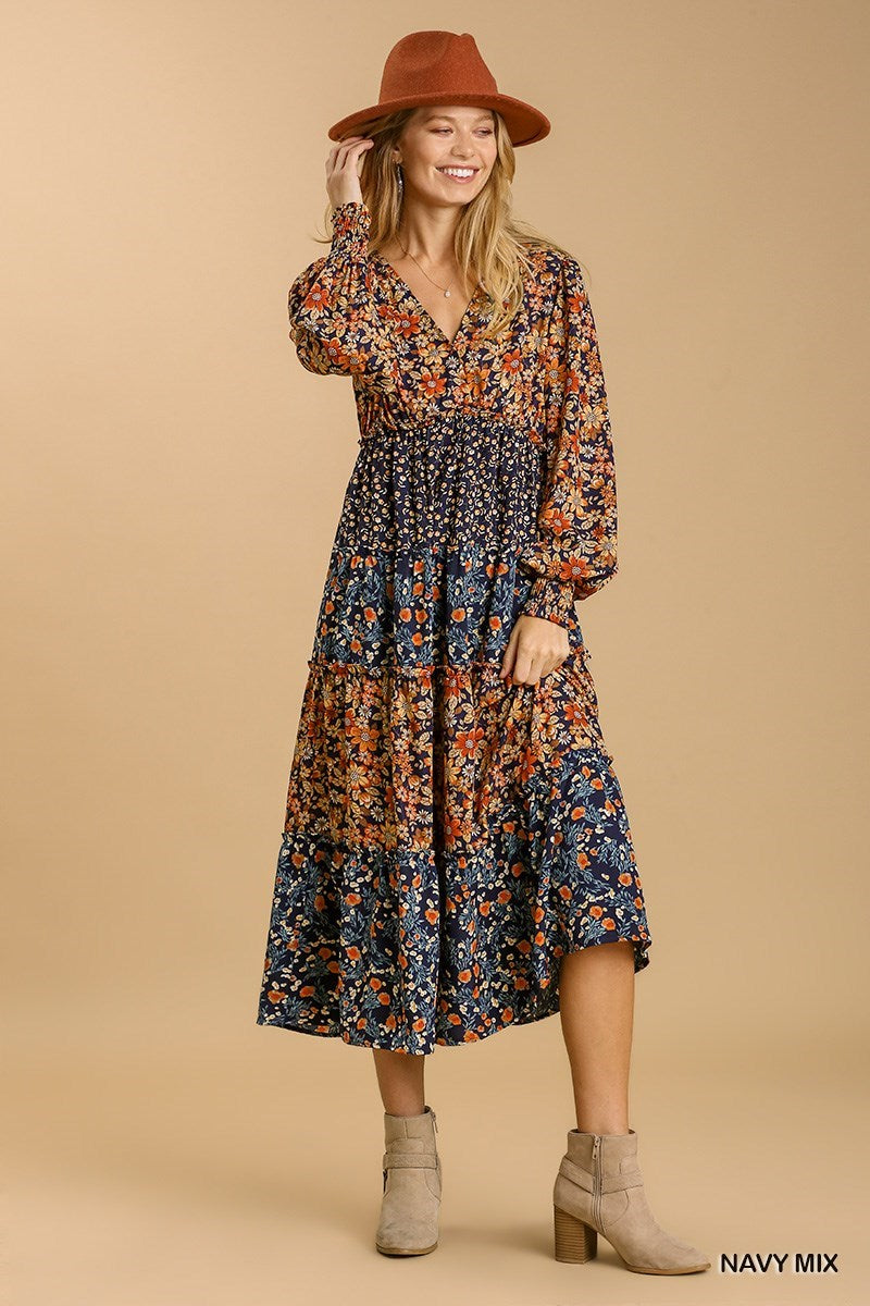 Navy Mix Floral Tiered Midi Dress