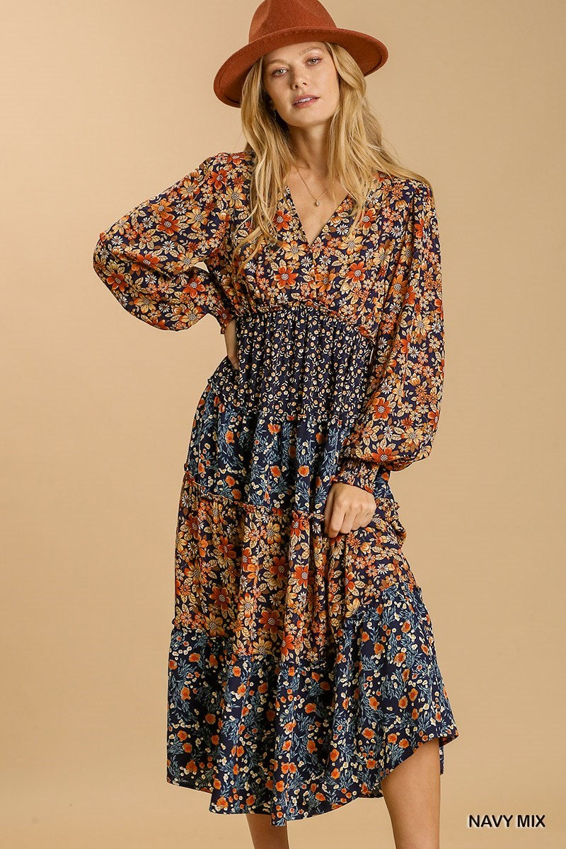 Navy Mix Floral Tiered Midi Dress