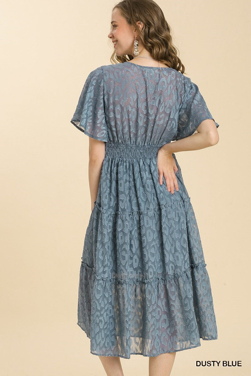 Dusty Blue Animal Print Tiered Maxi Dress