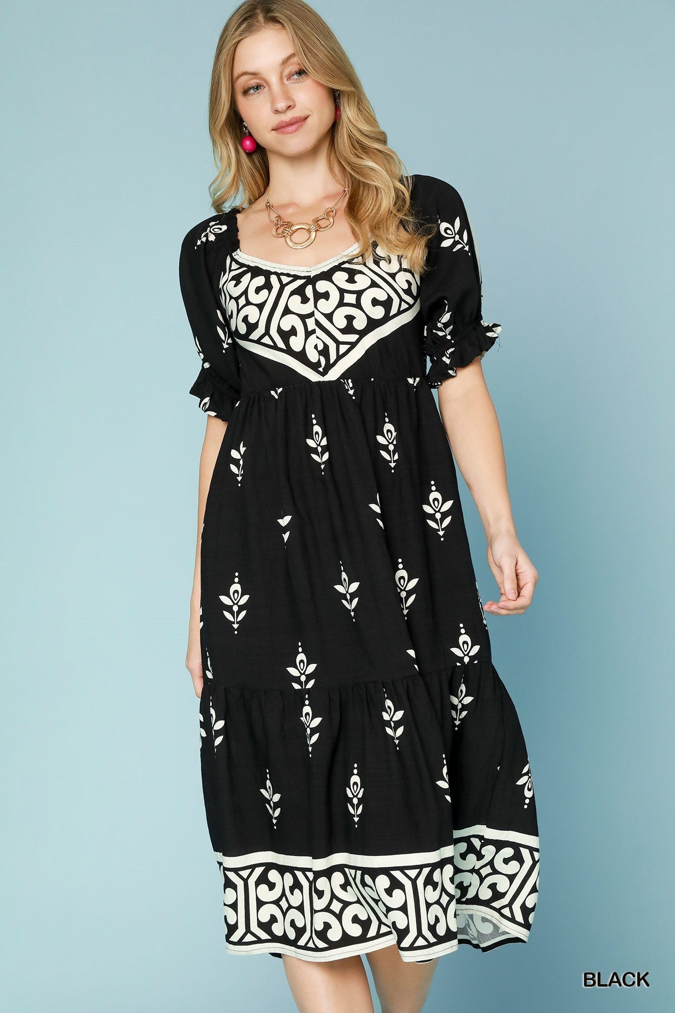 Black & White Border Print Midi Dress
