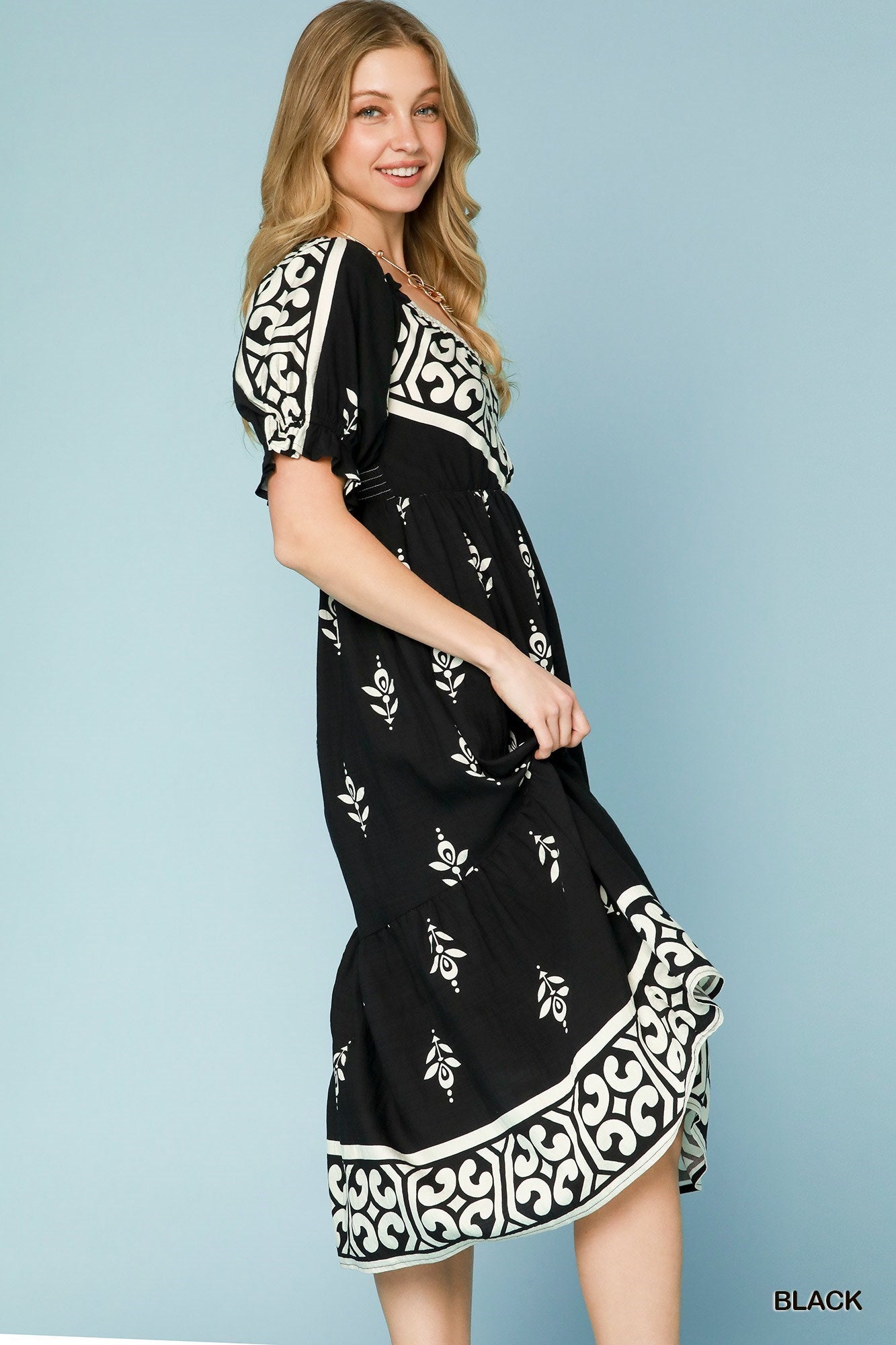 Black & White Border Print Midi Dress