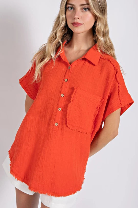 Tomato Red Raw Edge Cotton Pullover Top