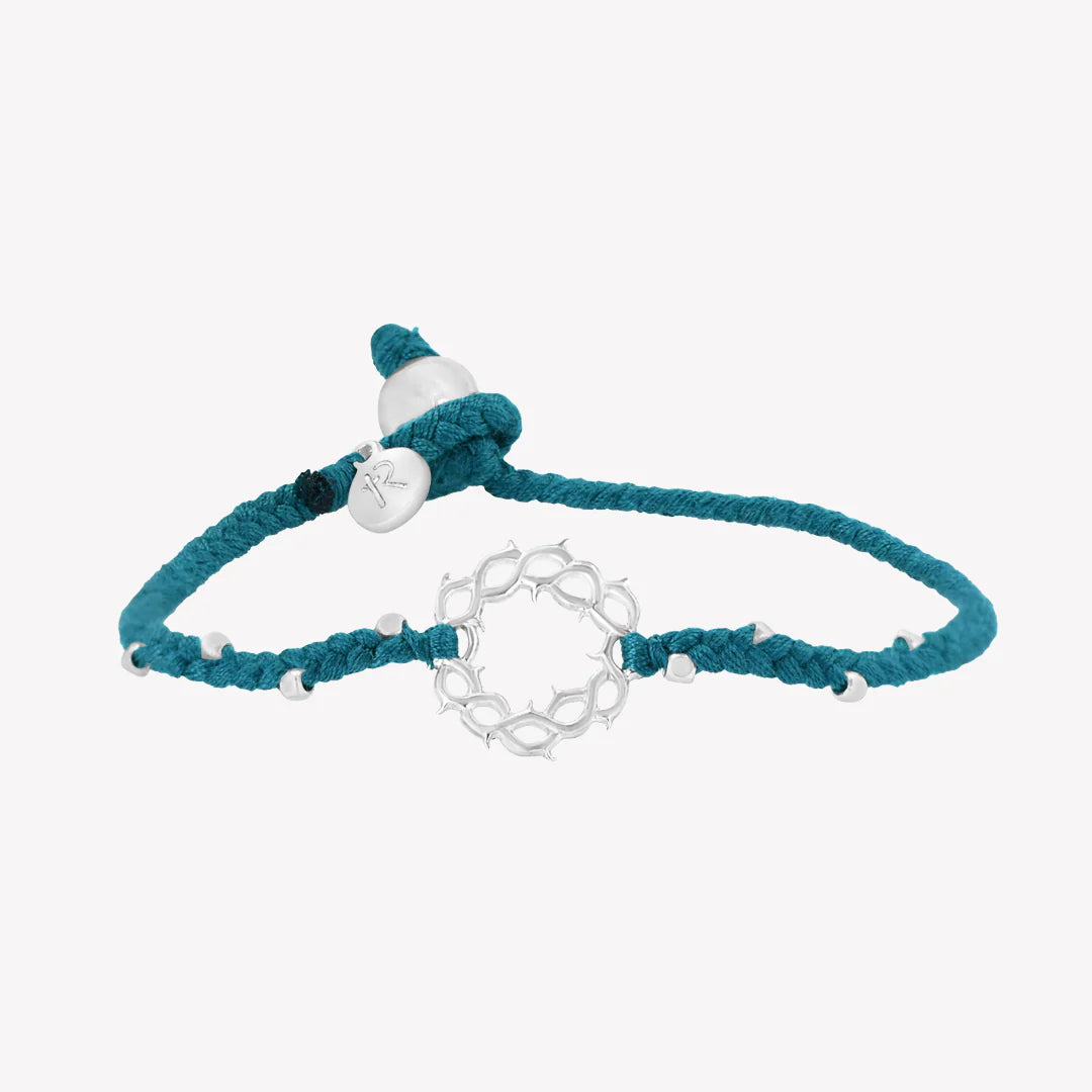 Crown of Thorns Azure Blue Beaded Cord Bracelet- Silver