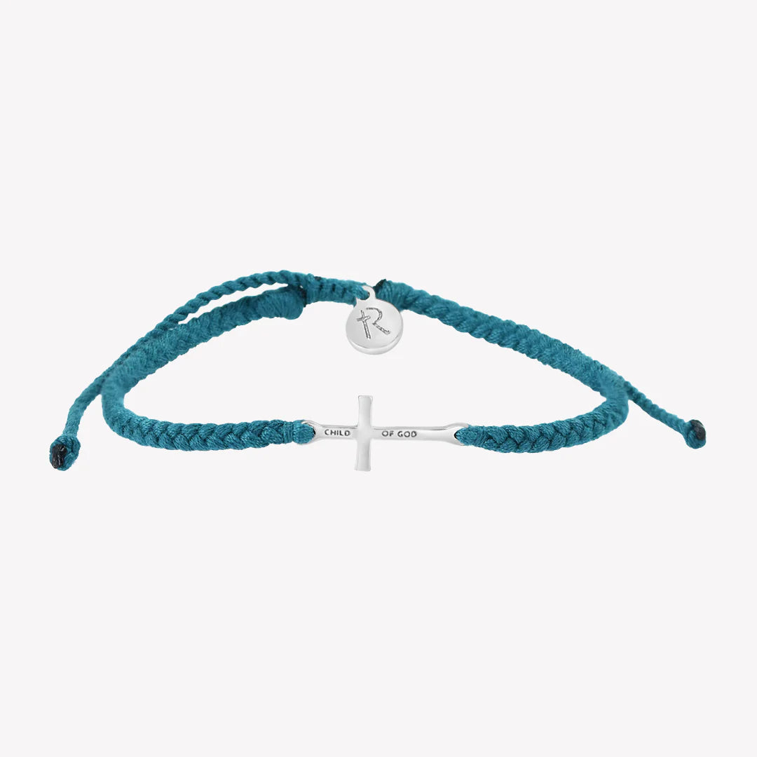 Stay Salty Cross Azure Blue Braided Cord Bracelet- Silver