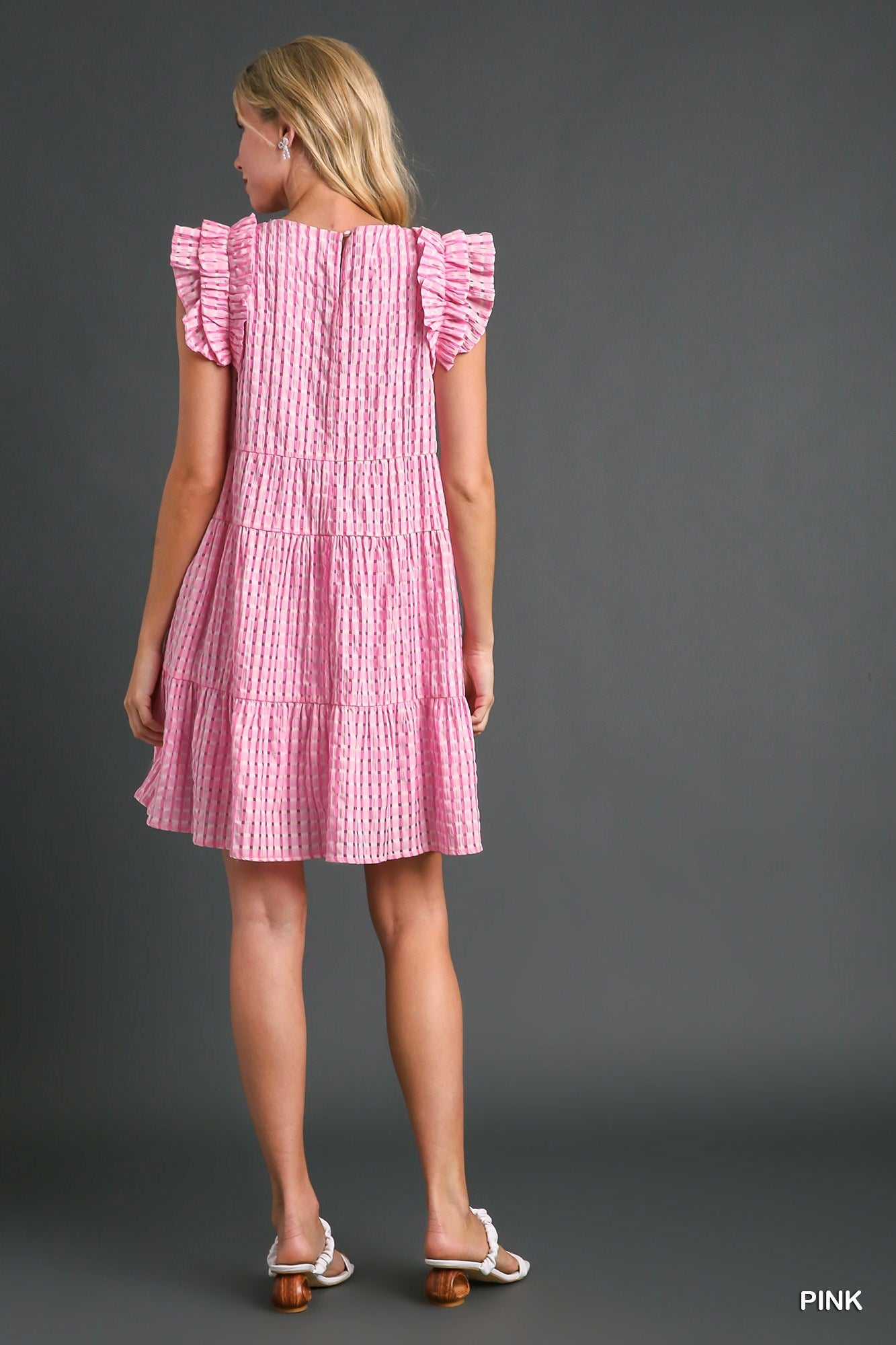 Pink Seersucker V-Neck Tiered Dress with Flutter Sleeve