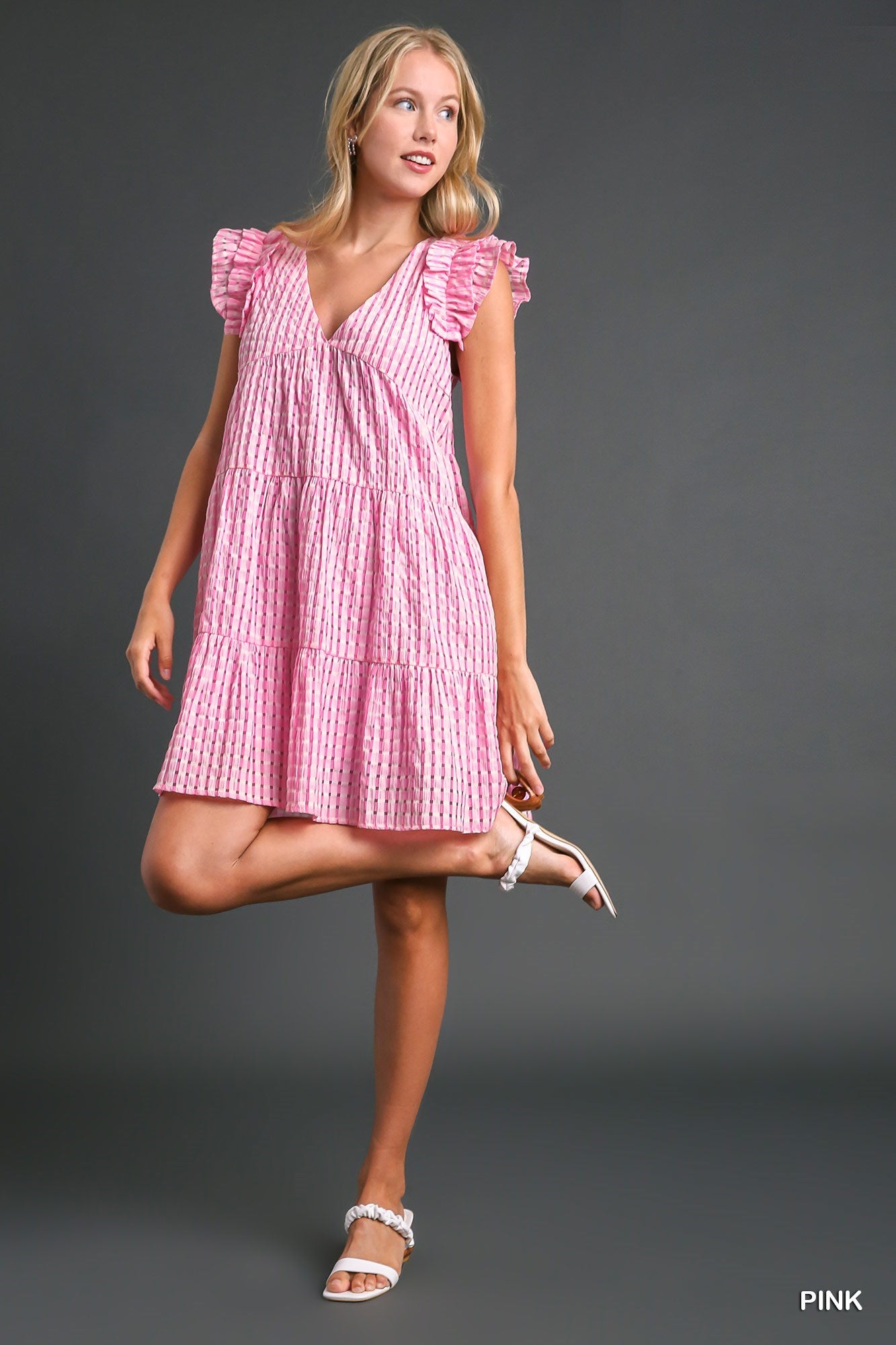Pink Seersucker V-Neck Tiered Dress with Flutter Sleeve