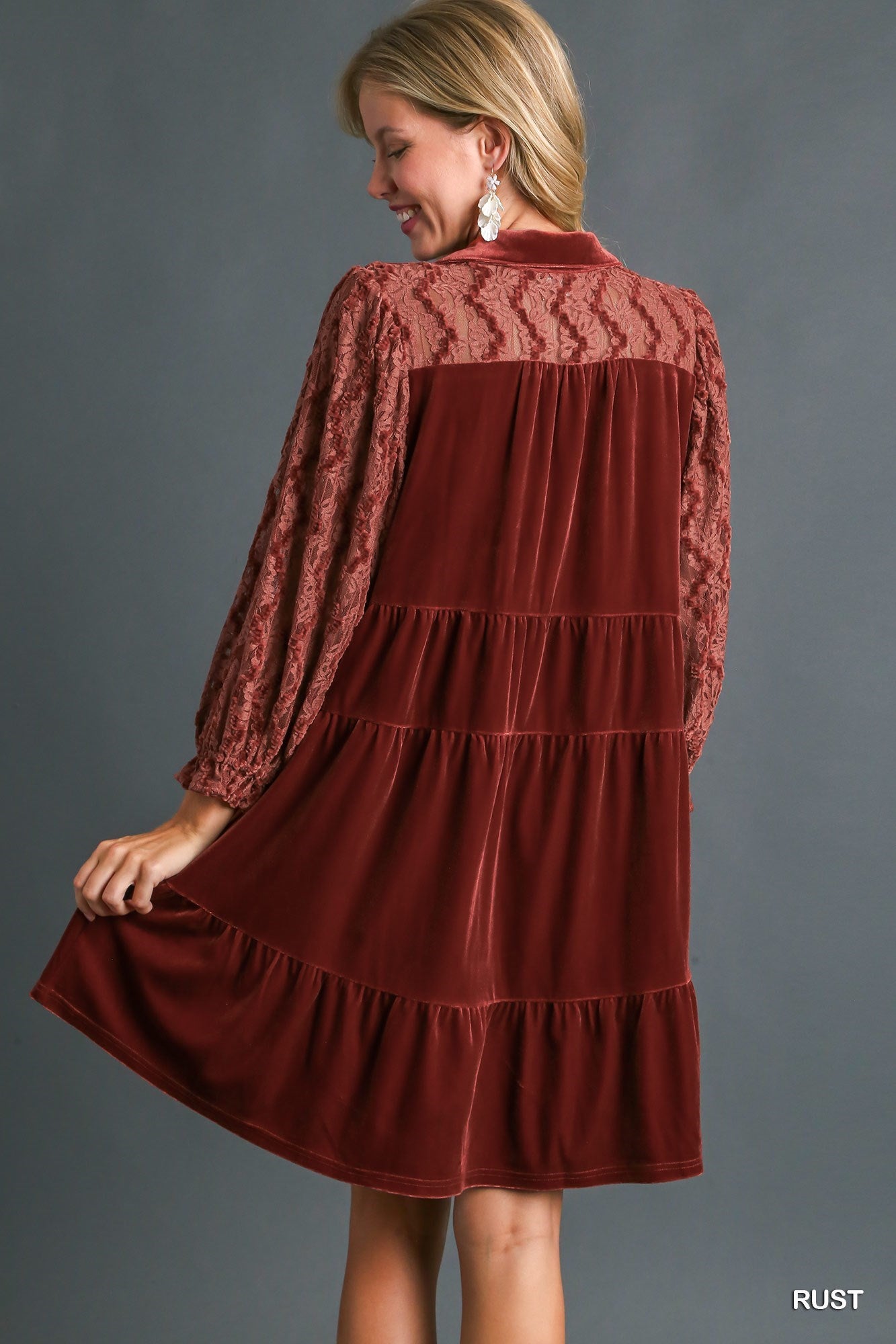 Rust Velvet Dress w/ Lace Details