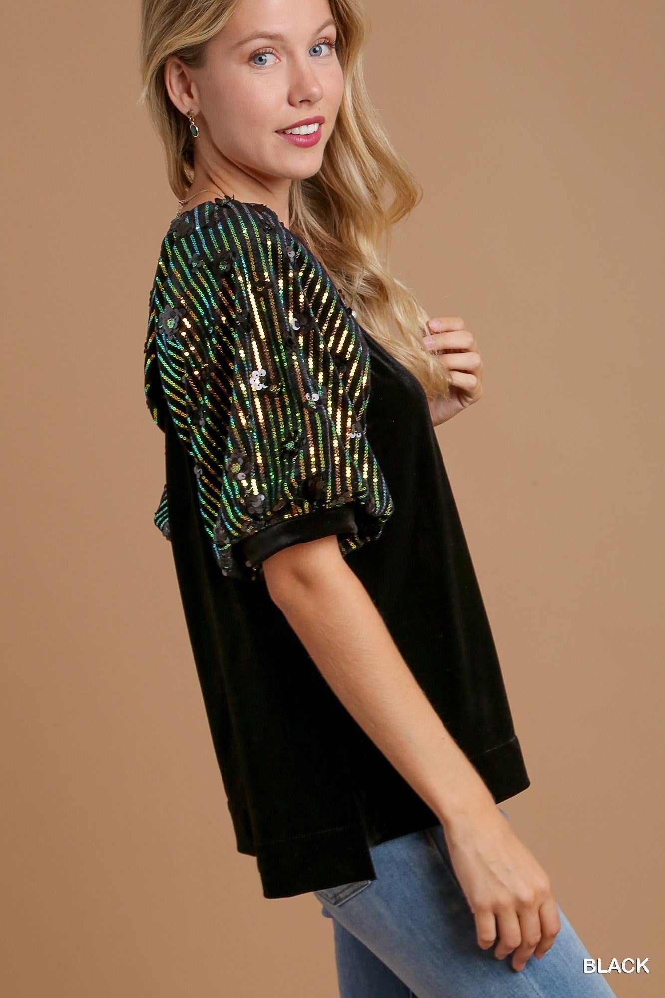 Black Velvet Top w/ Sequin Accent Puff Sleeves