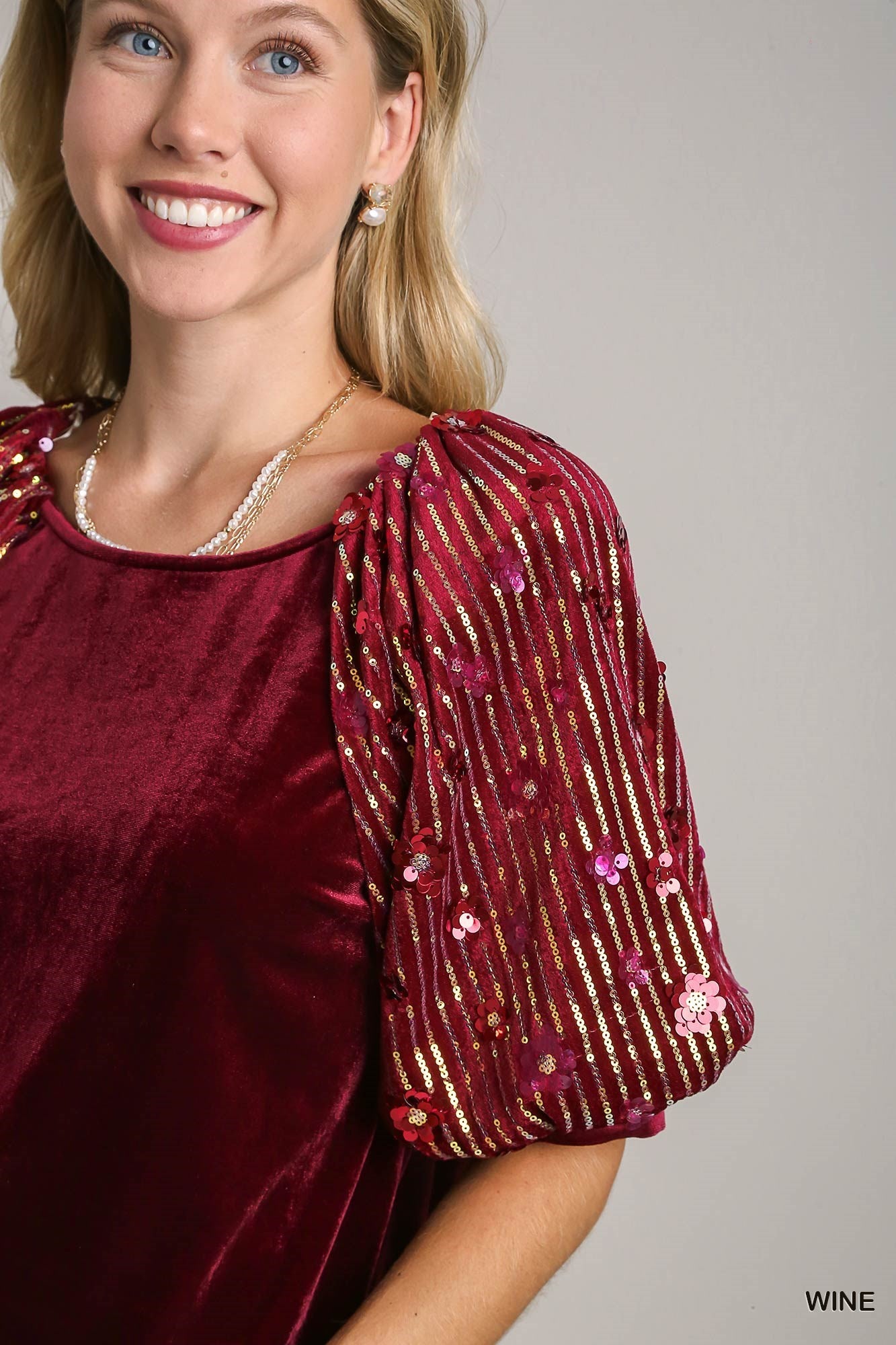 Wine Velvet Top w/ Sequin Accent Puff Sleeves