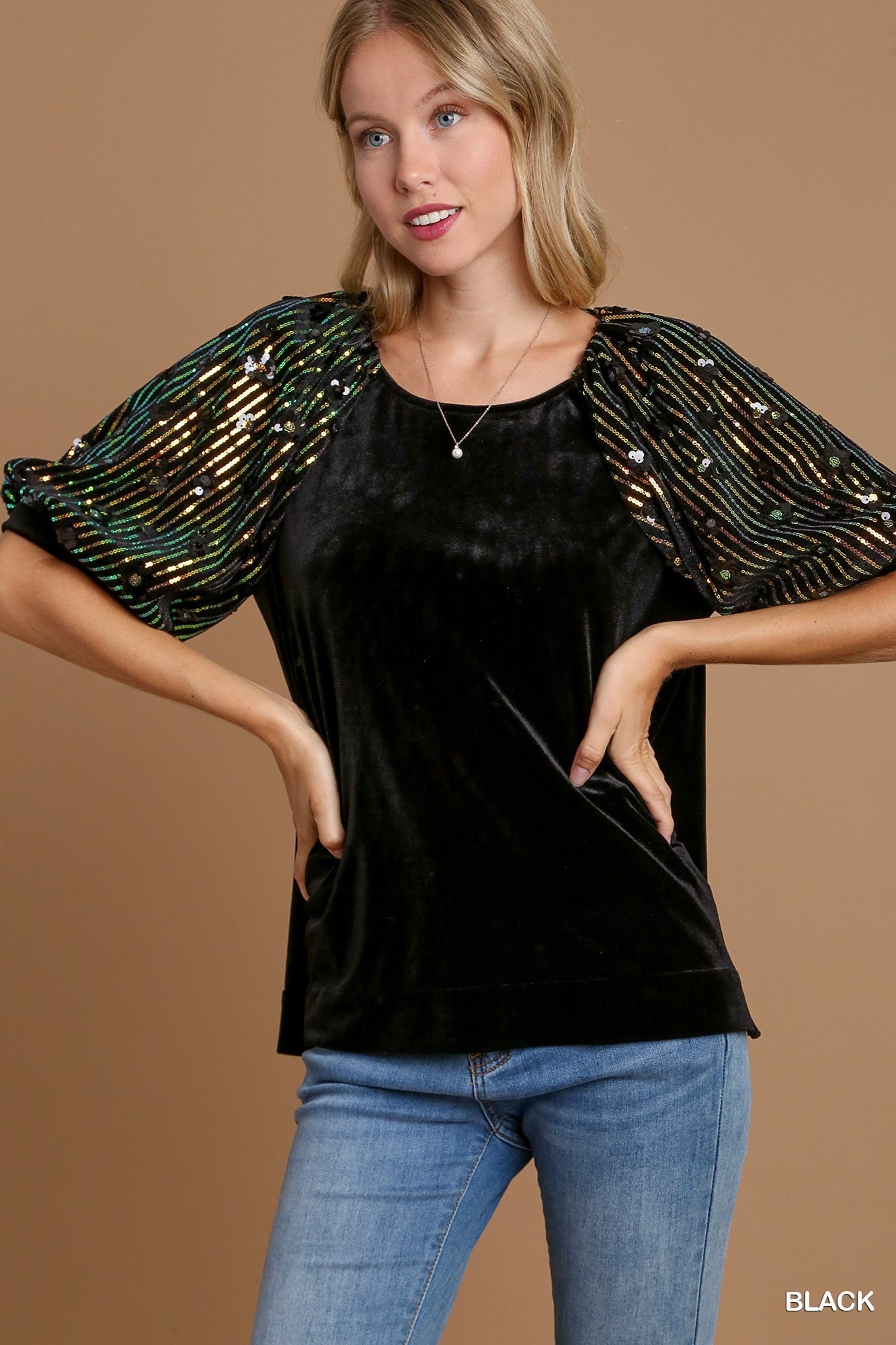 Black Velvet Top w/ Sequin Accent Puff Sleeves