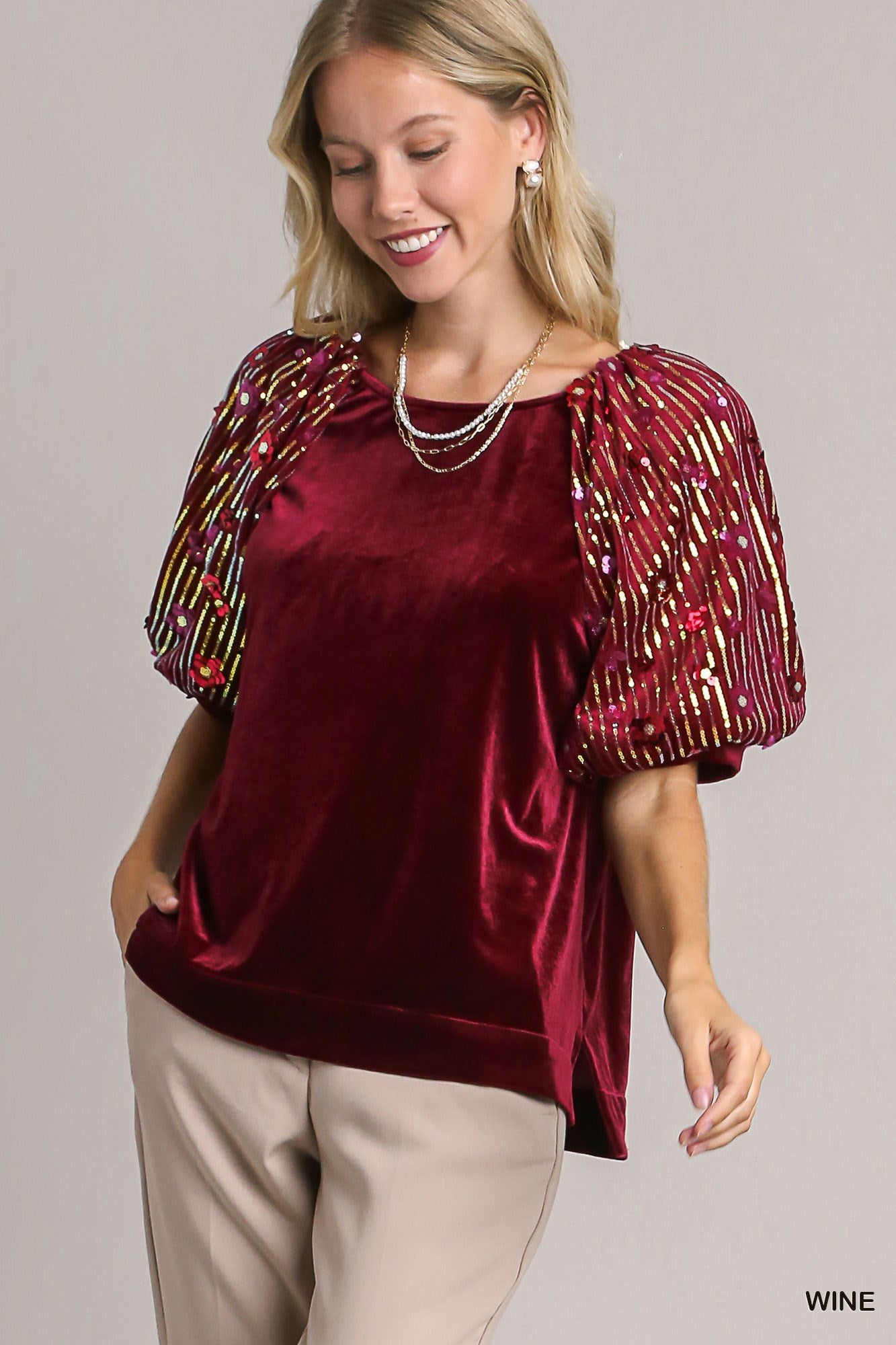 Wine Velvet Top w/ Sequin Accent Puff Sleeves