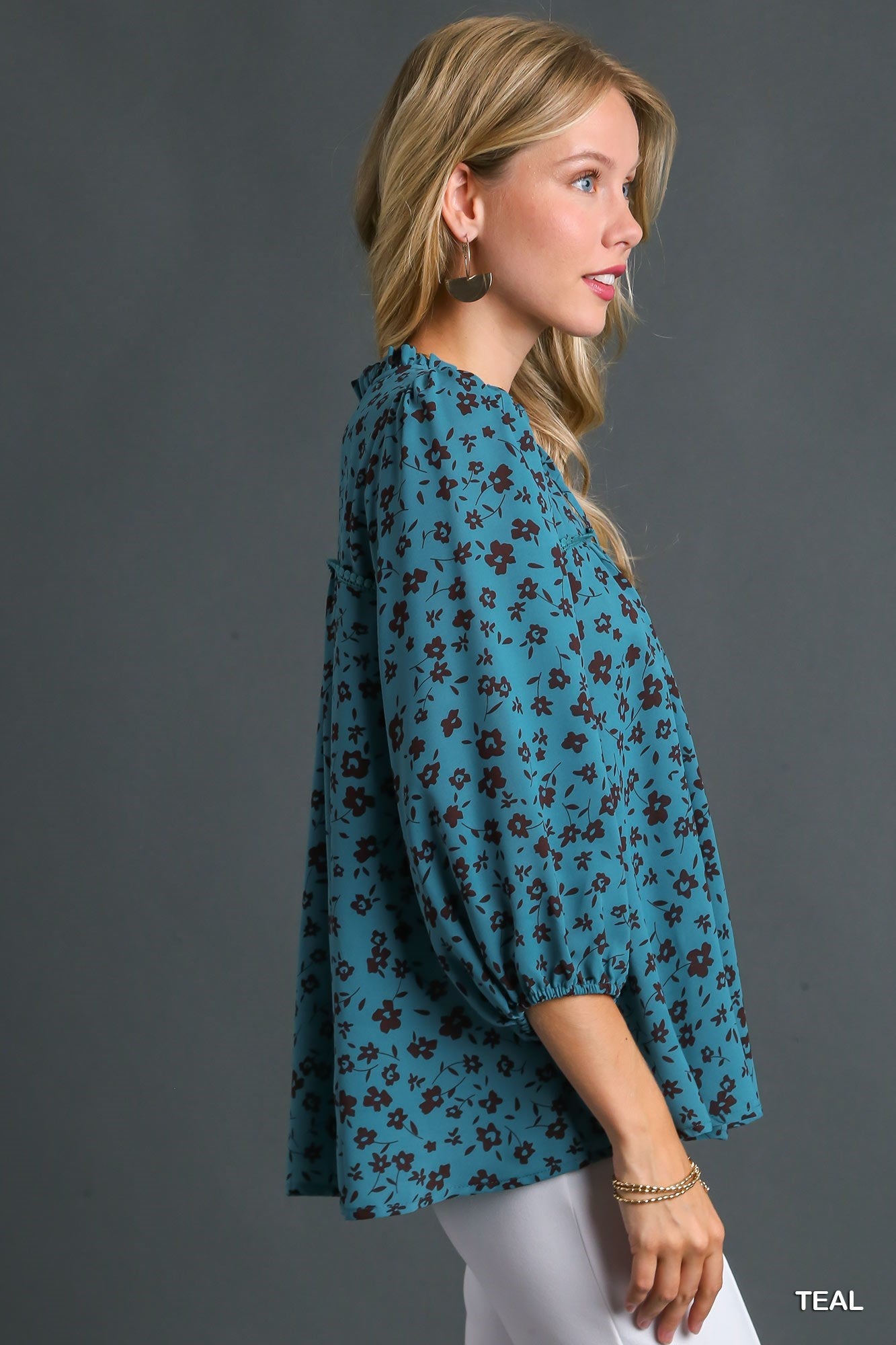 Teal w/ Brown Ruffle V-Neck Top