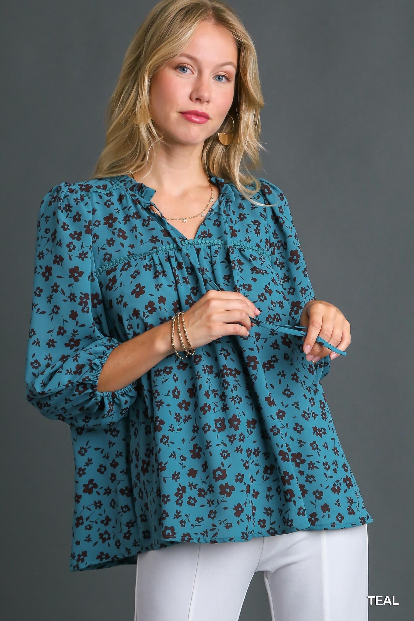 Teal w/ Brown Ruffle V-Neck Top