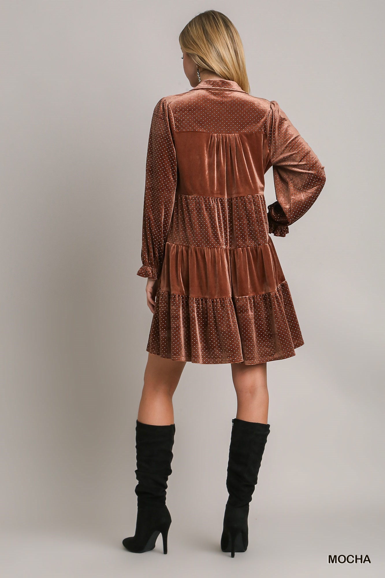 Mocha Velvet Tiered Dress w/ Rhinestone Details