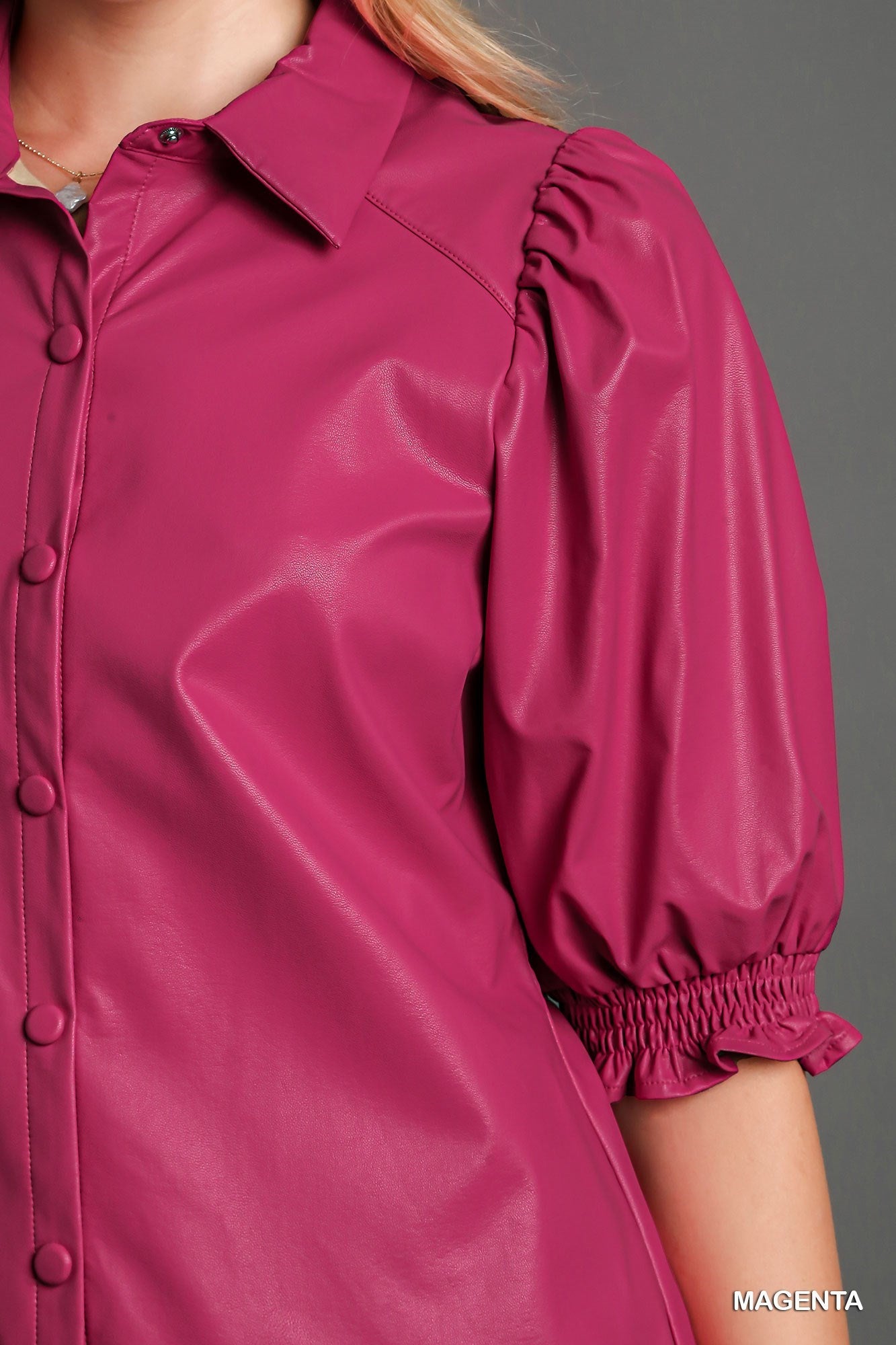 Magenta Puff Sleeve Faux Leather Blouse