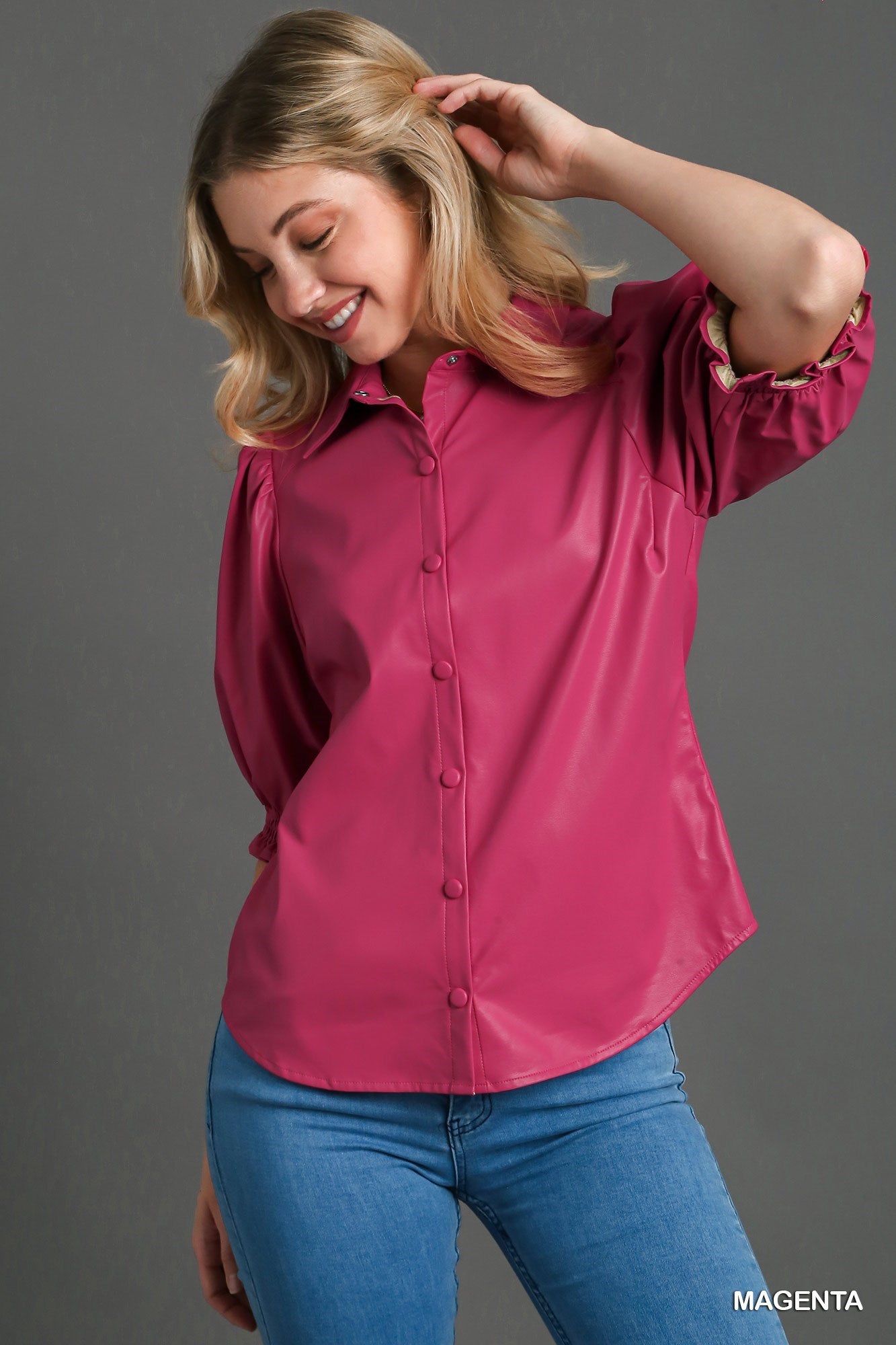 Magenta Puff Sleeve Faux Leather Blouse