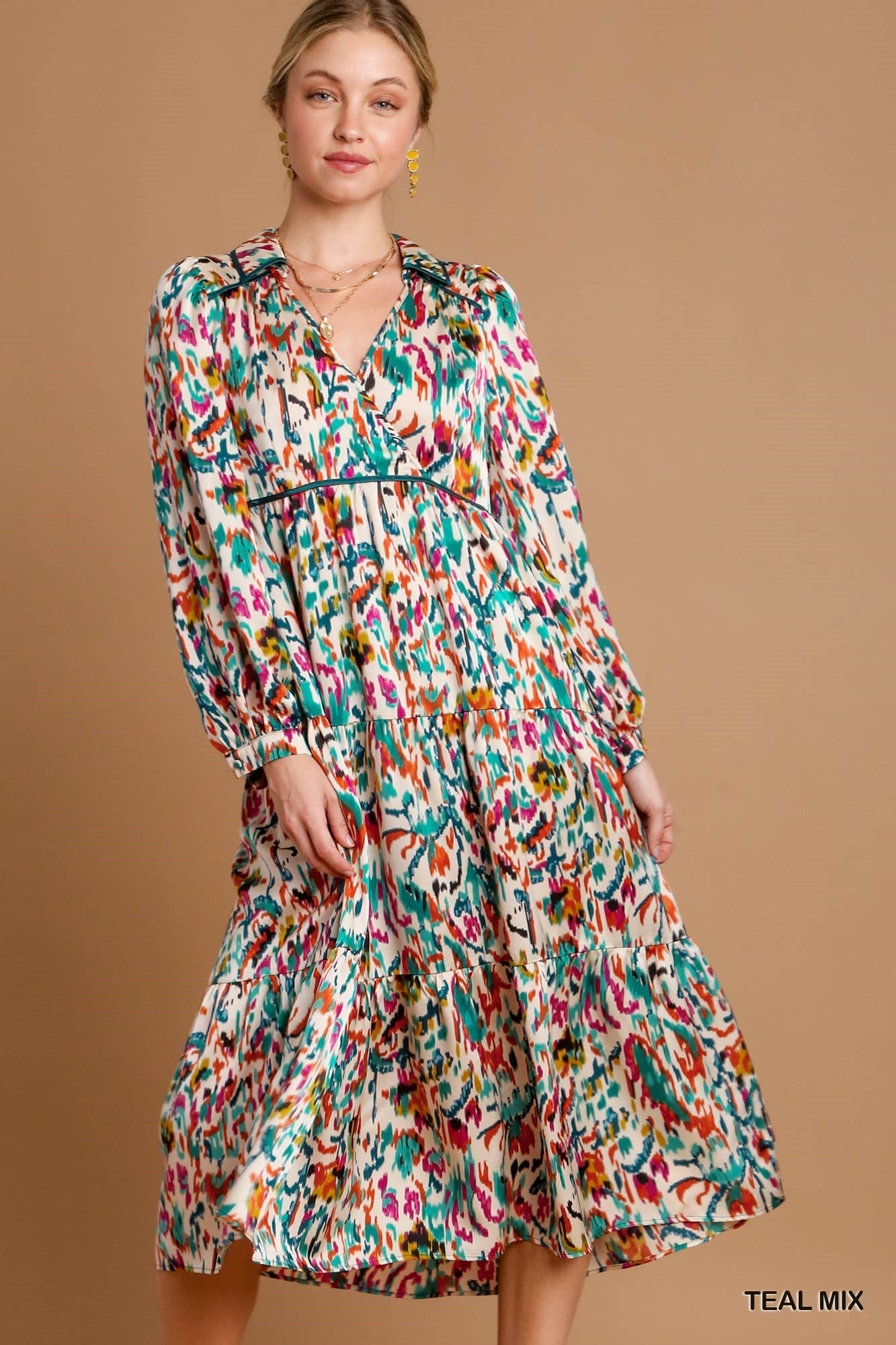 Teal Abstract Mix Midi Dress