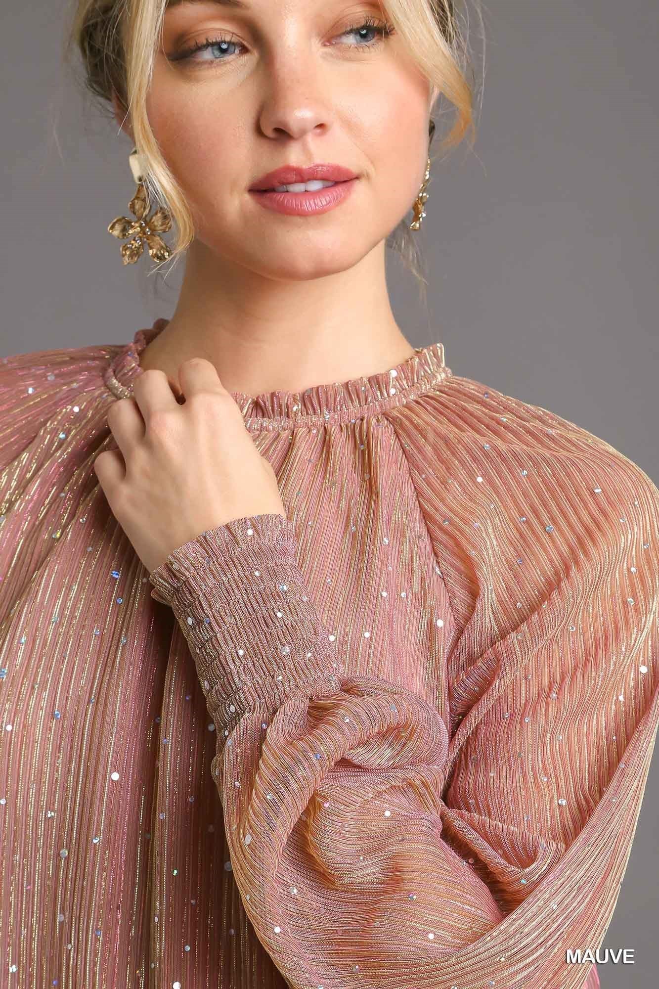 Mauve Pleated Shimmer Top w/ Ruffle Neckline