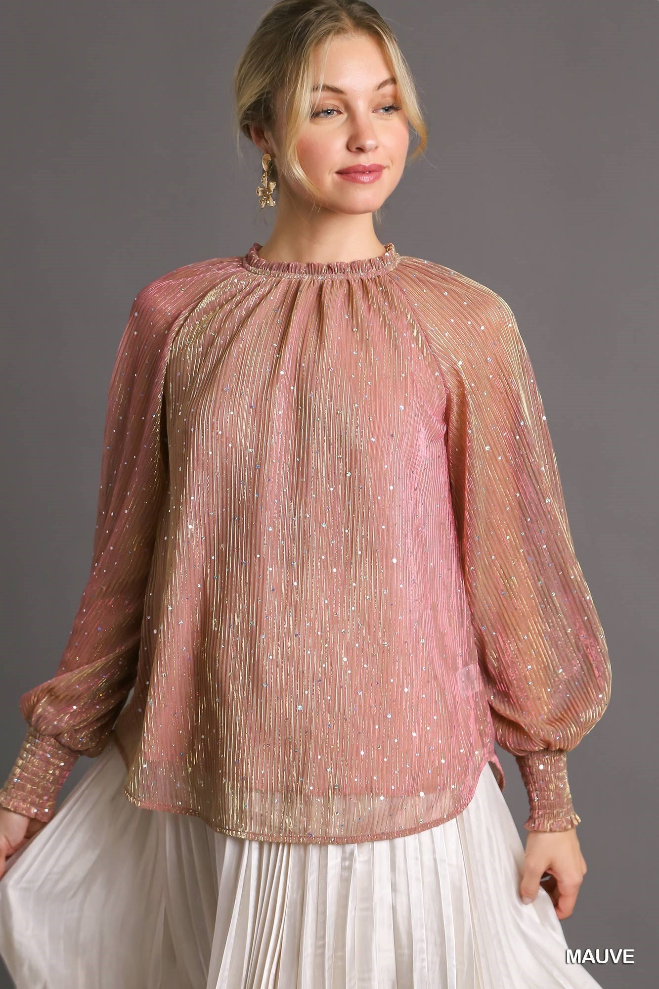 Mauve Pleated Shimmer Top w/ Ruffle Neckline