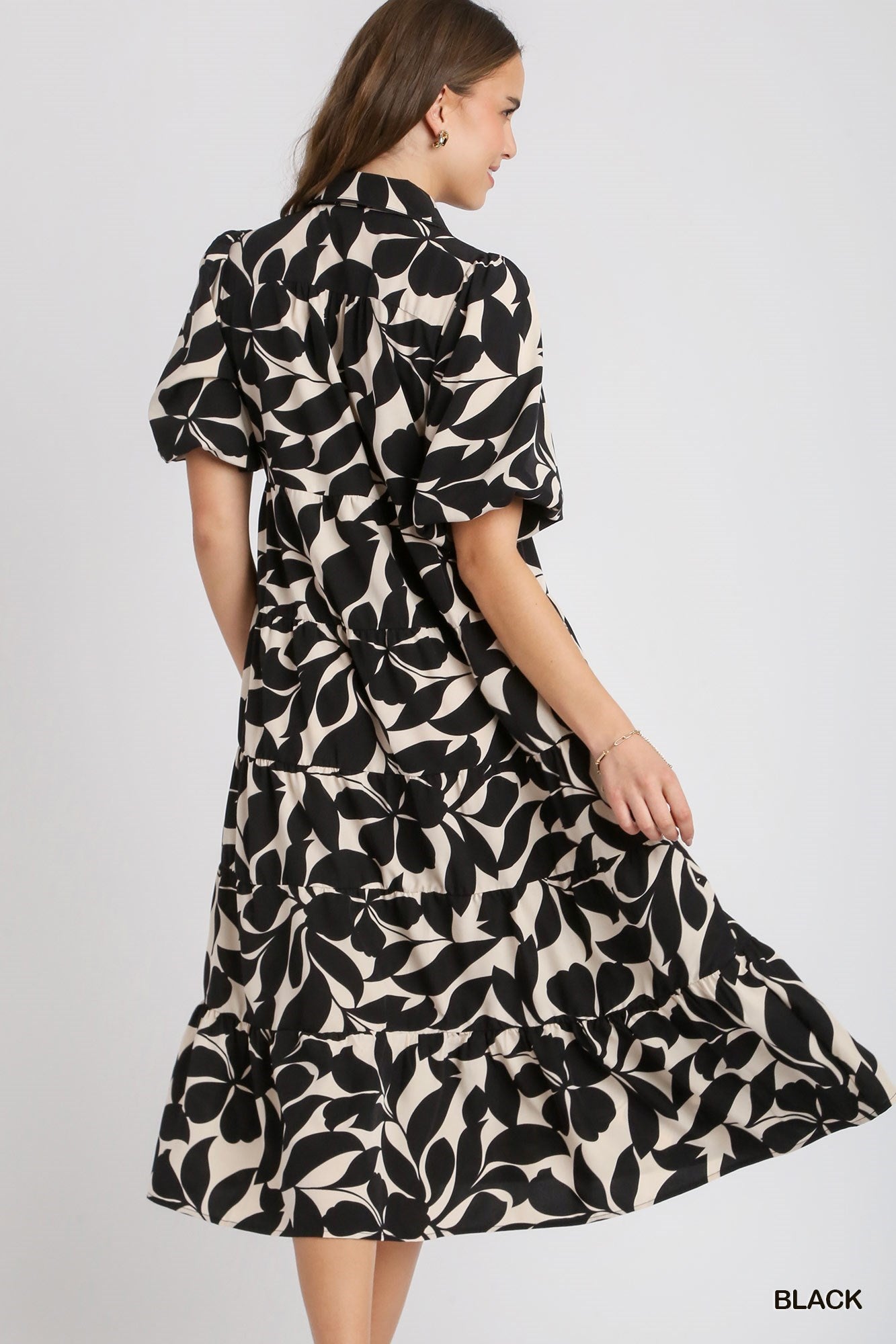 Black and Cream Floral Print Midi Dress