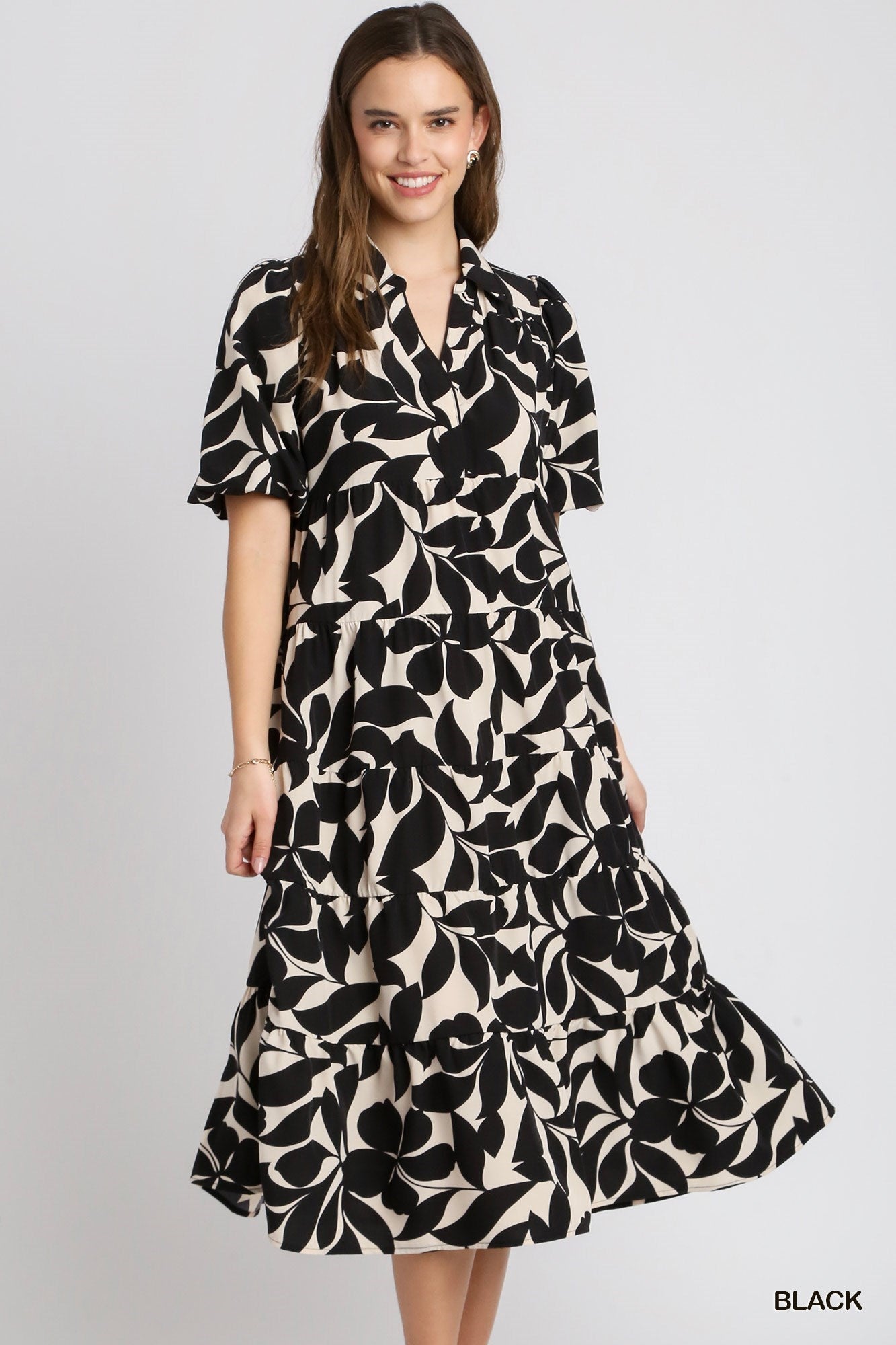 Black and Cream Floral Print Midi Dress