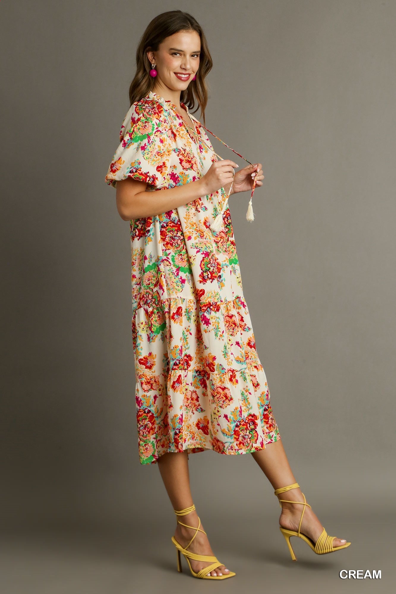 Cream Floral Print A-Line Midi Dress with Tassel Tie