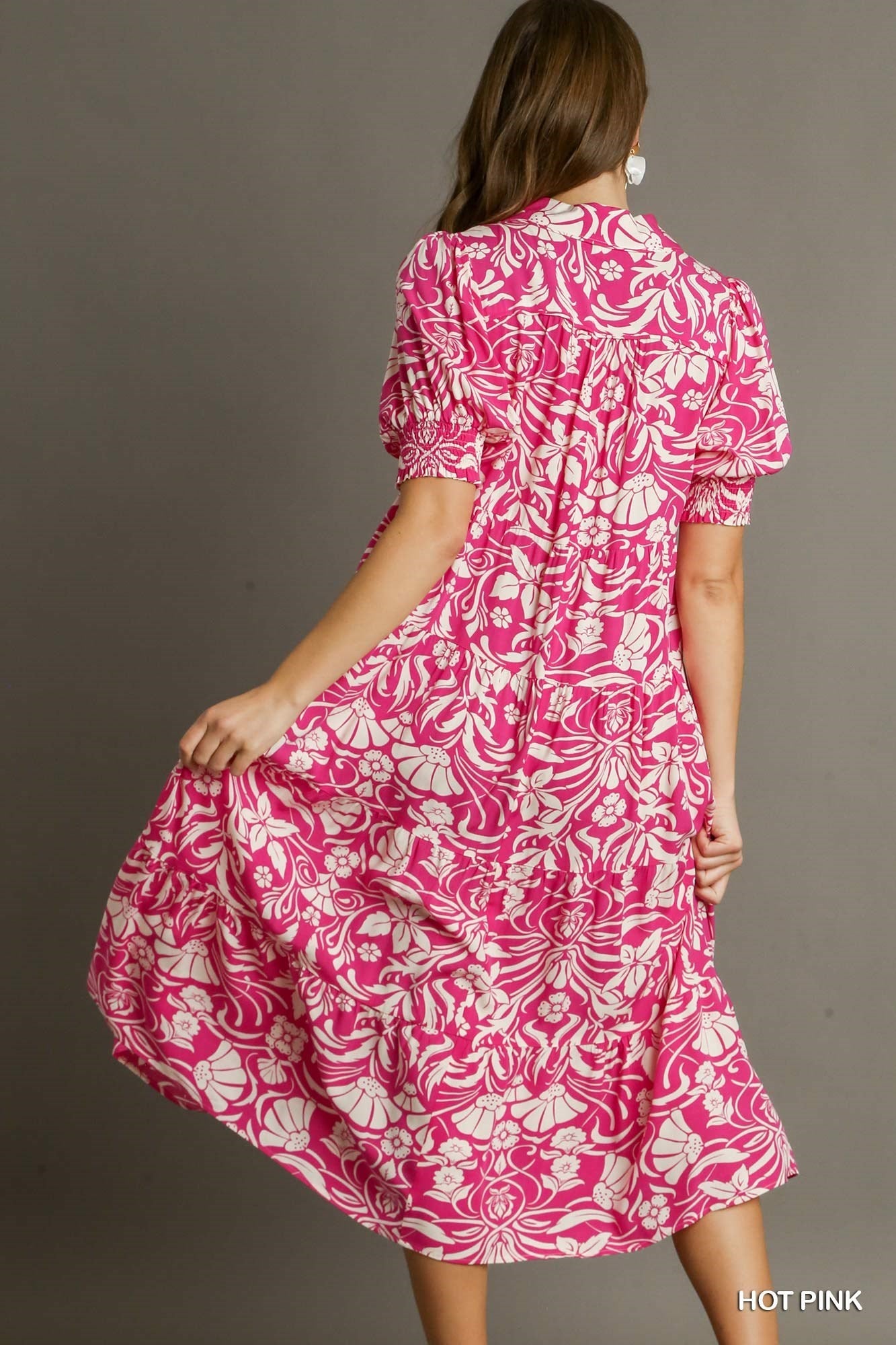 Hot Pink Floral Midi Dress with Pleated Puff Sleeves