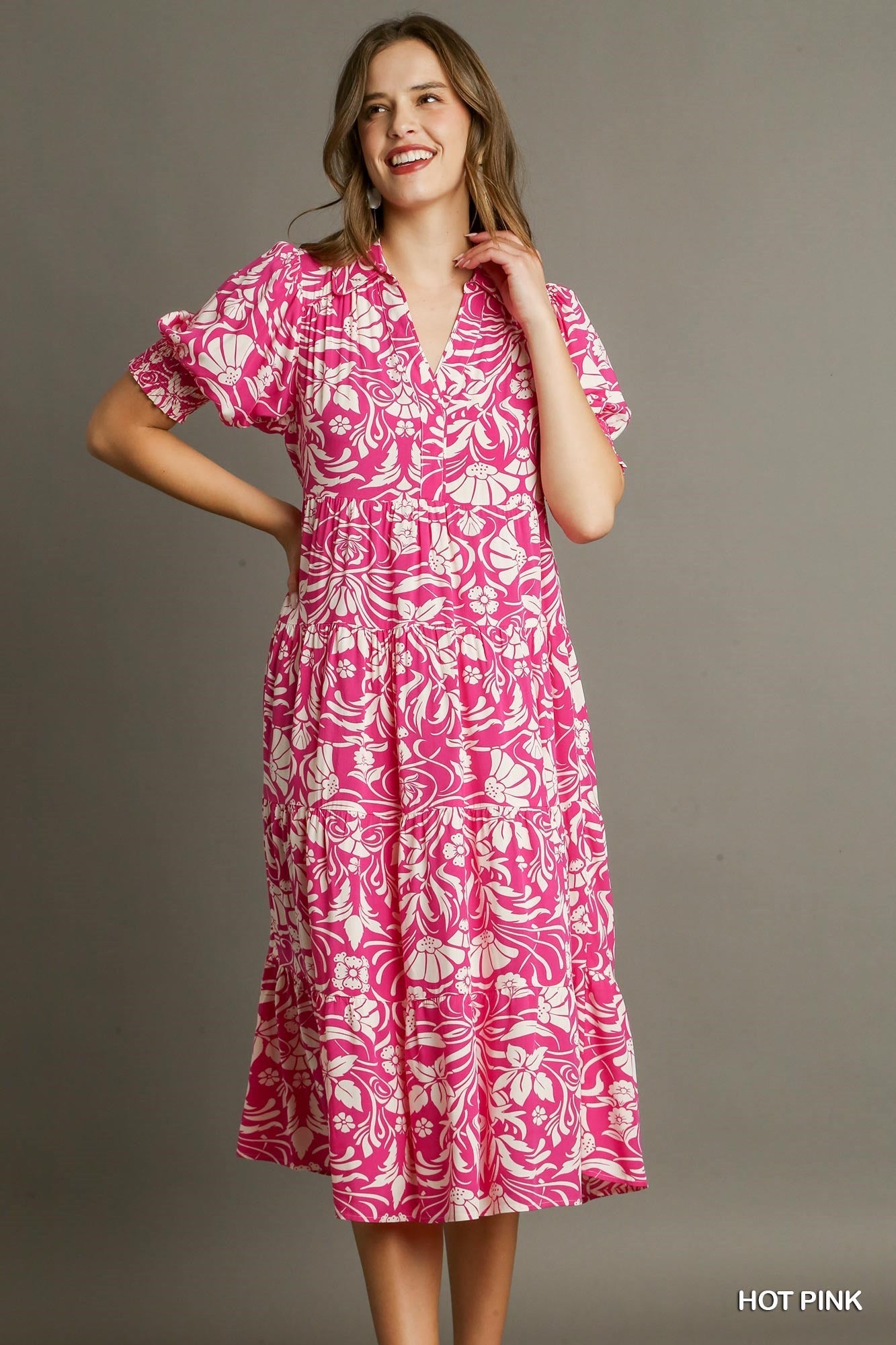 Hot Pink Floral Midi Dress with Pleated Puff Sleeves