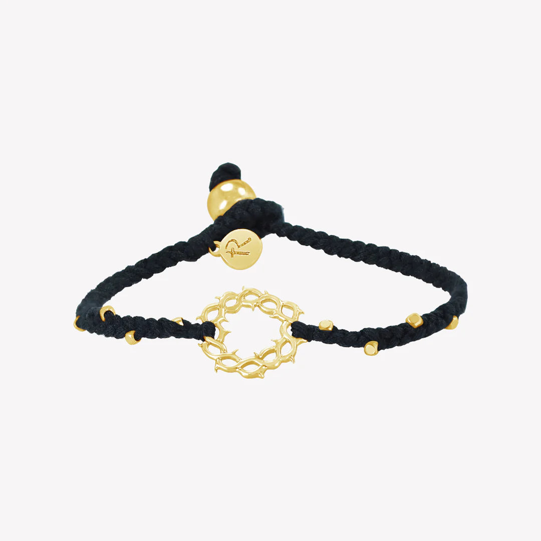 Crown of Thorns Beaded Black Cord Bracelet- Gold