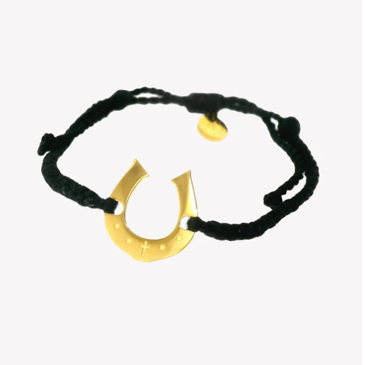 Horseshoe Black Cord Bracelet- Gold