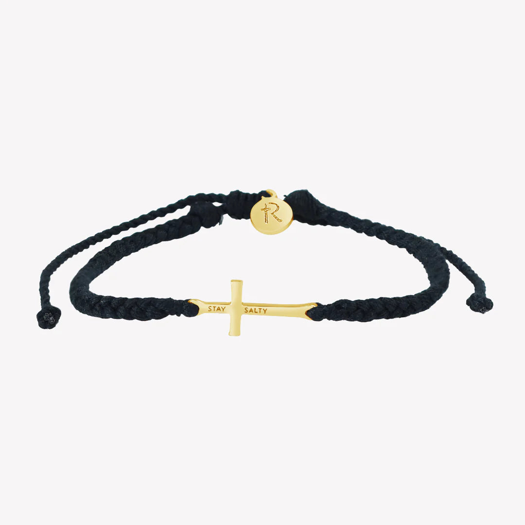 Stay Salty Cross Black Braided Cord Bracelet- Gold