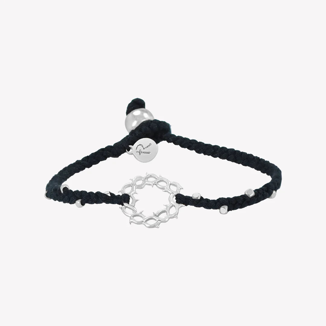 Crown of Thorns Beaded Black Cord Bracelet- Silver