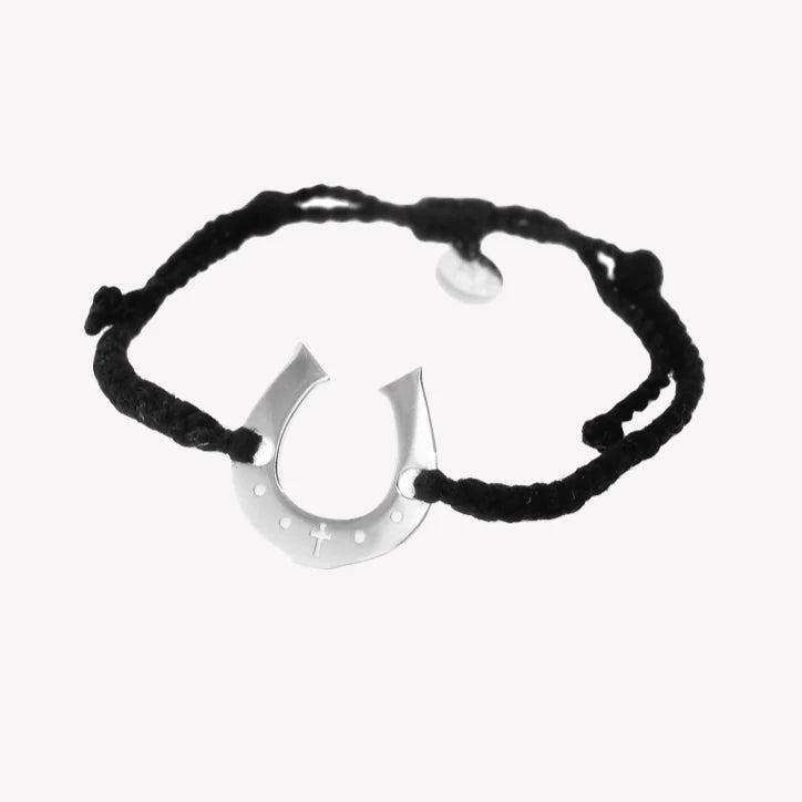 Horseshoe Black Cord Bracelet- Silver