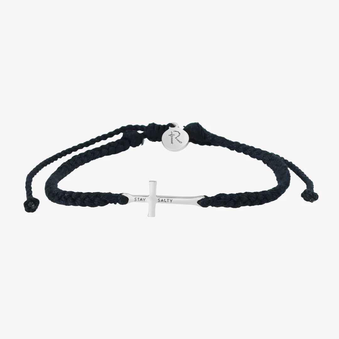 Stay Salty Cross Black Braided Cord Bracelet- Silver