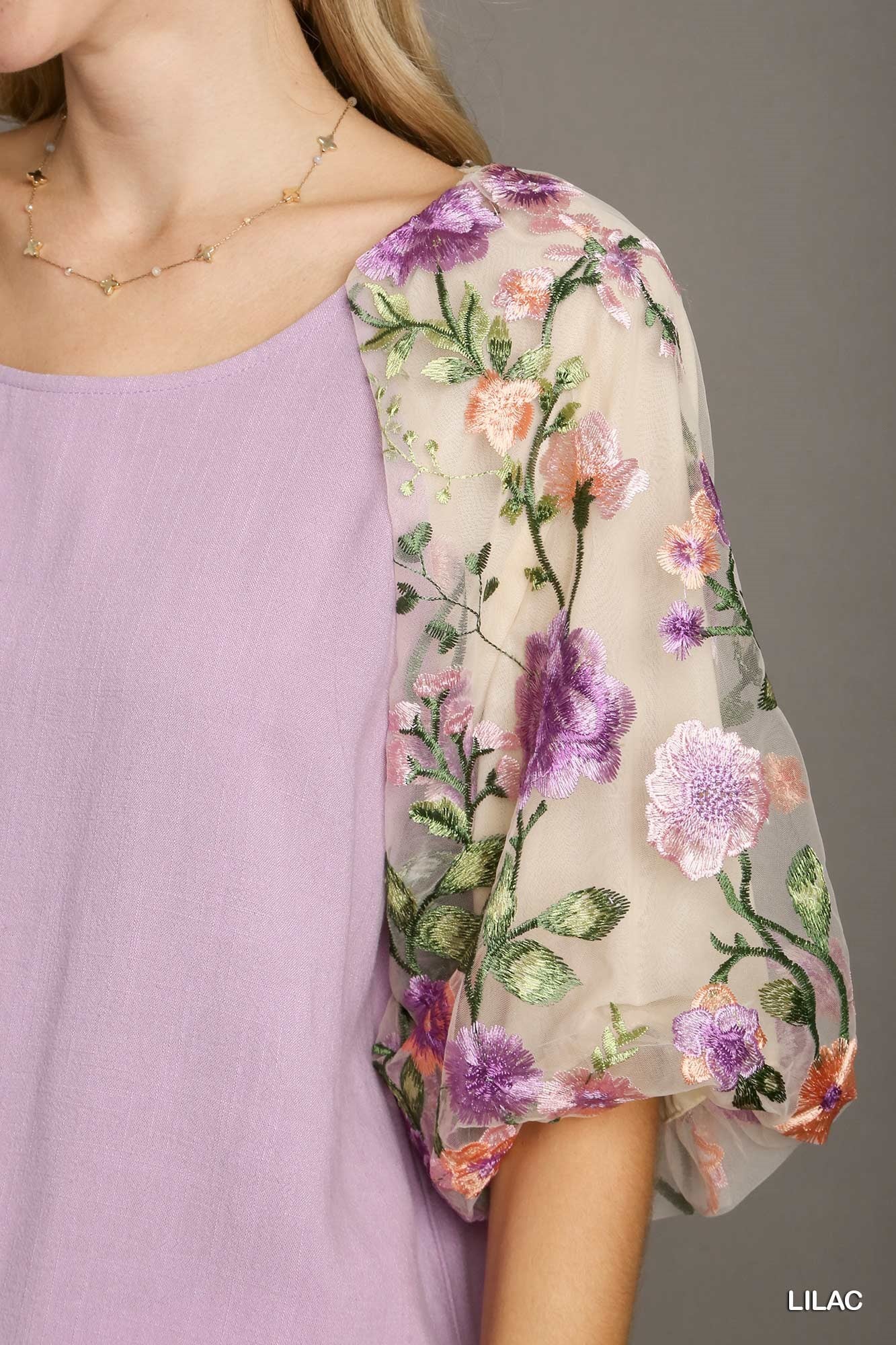 Lilac Linen Blend Top w/ Embroidered Sleeves
