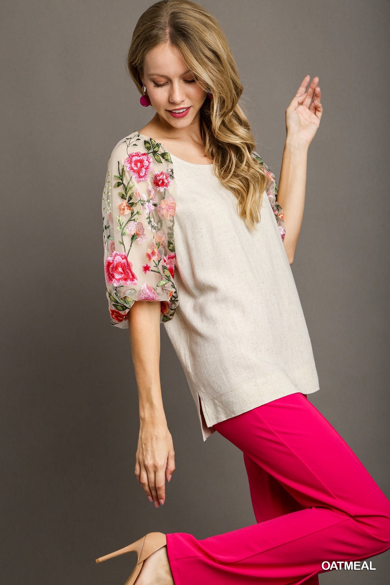 Oatmeal Linen Blend Top w/ Embroidered Sleeves