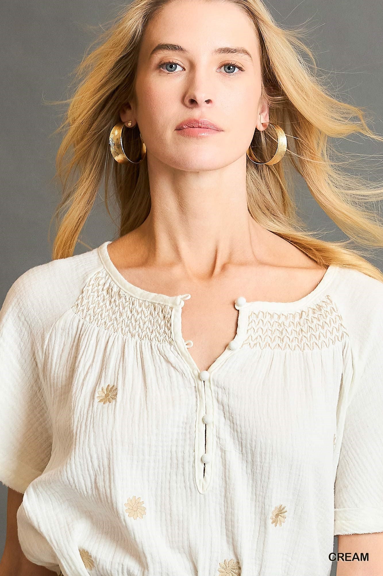 Embroidered Cream Cotton Button-Down Top