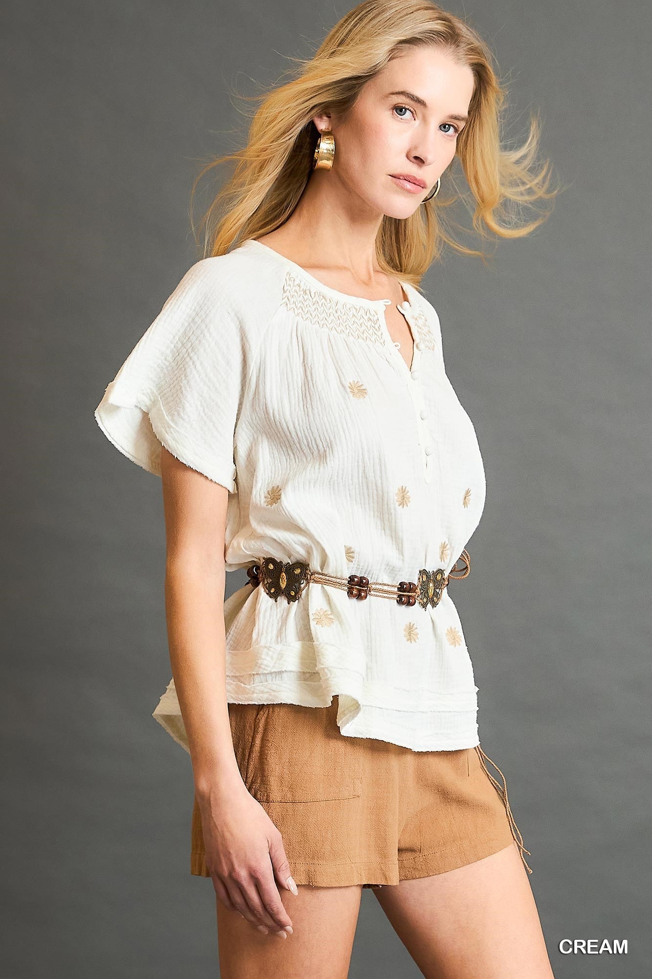 Embroidered Cream Cotton Button-Down Top