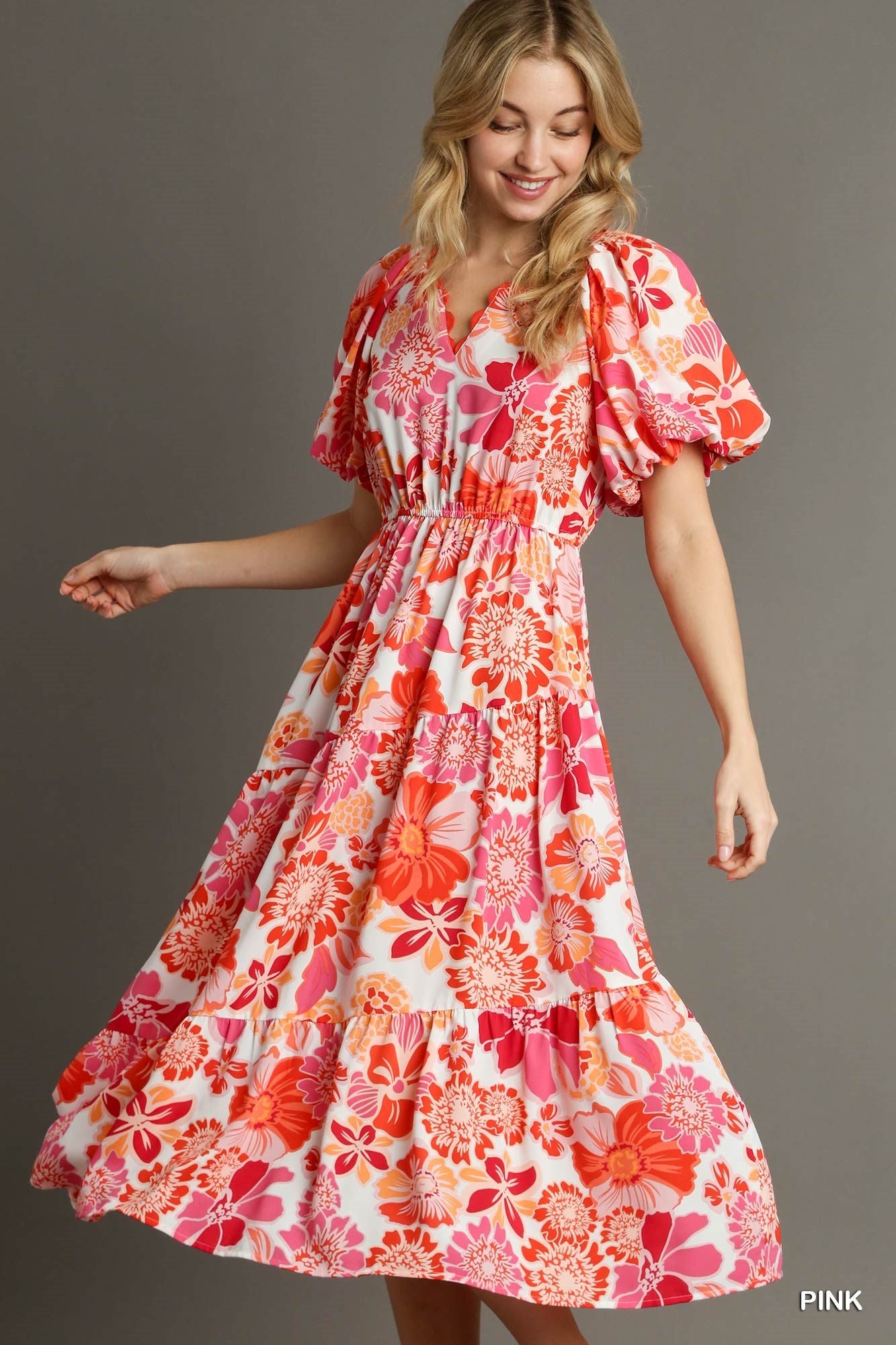 Pink & Red on White Floral Print Tiered Dress