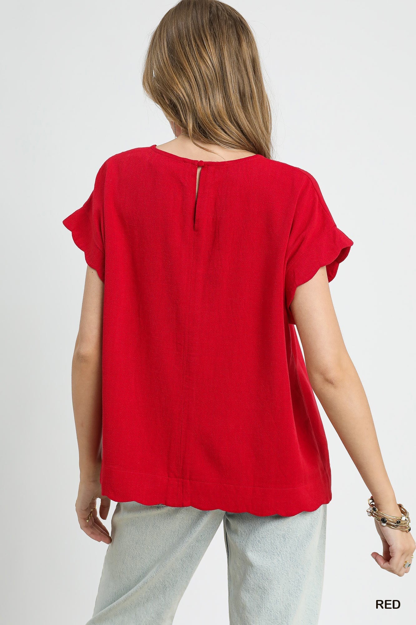 Red Scallop Hem Linen Blend Top