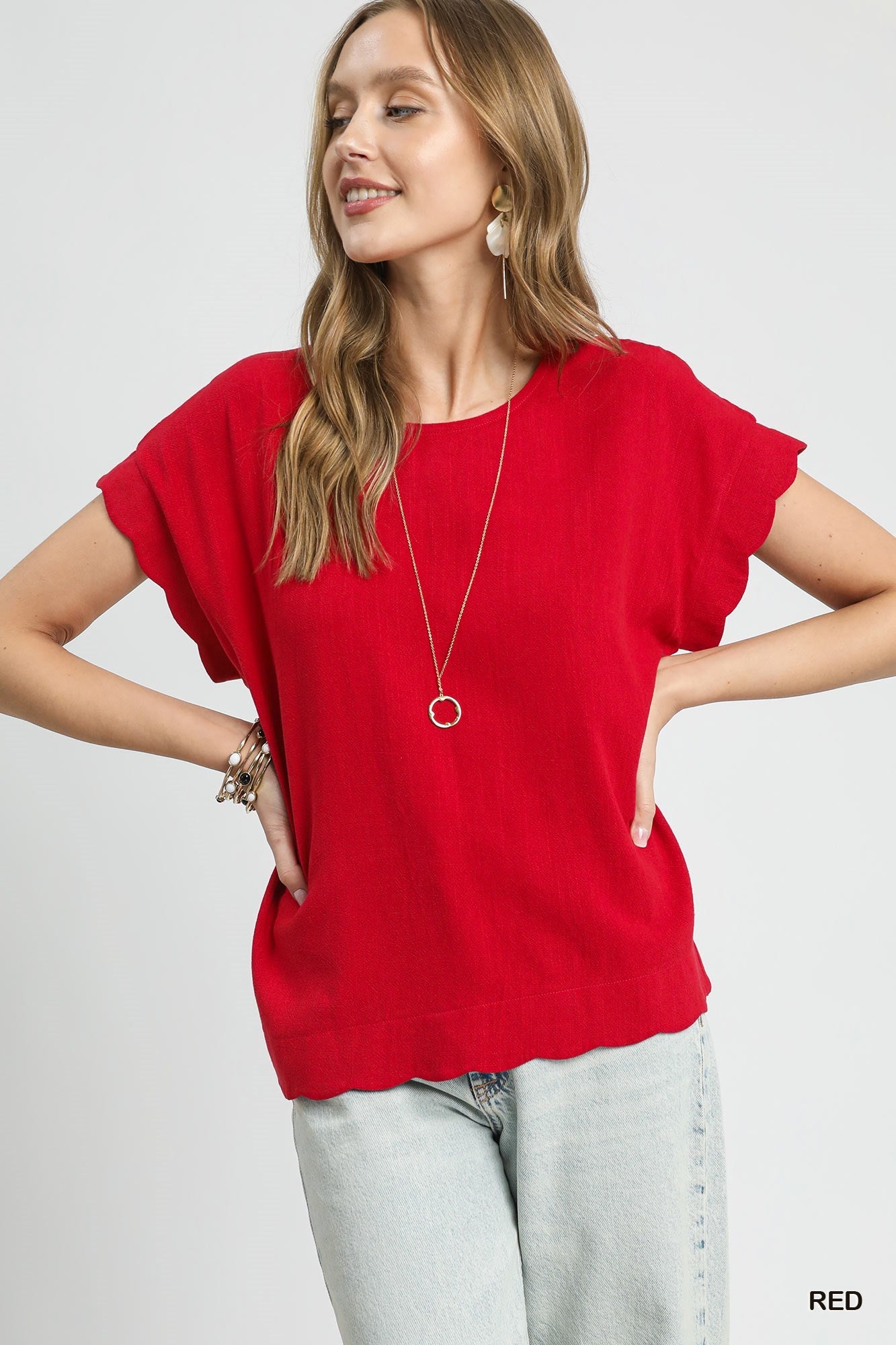 Red Scallop Hem Linen Blend Top