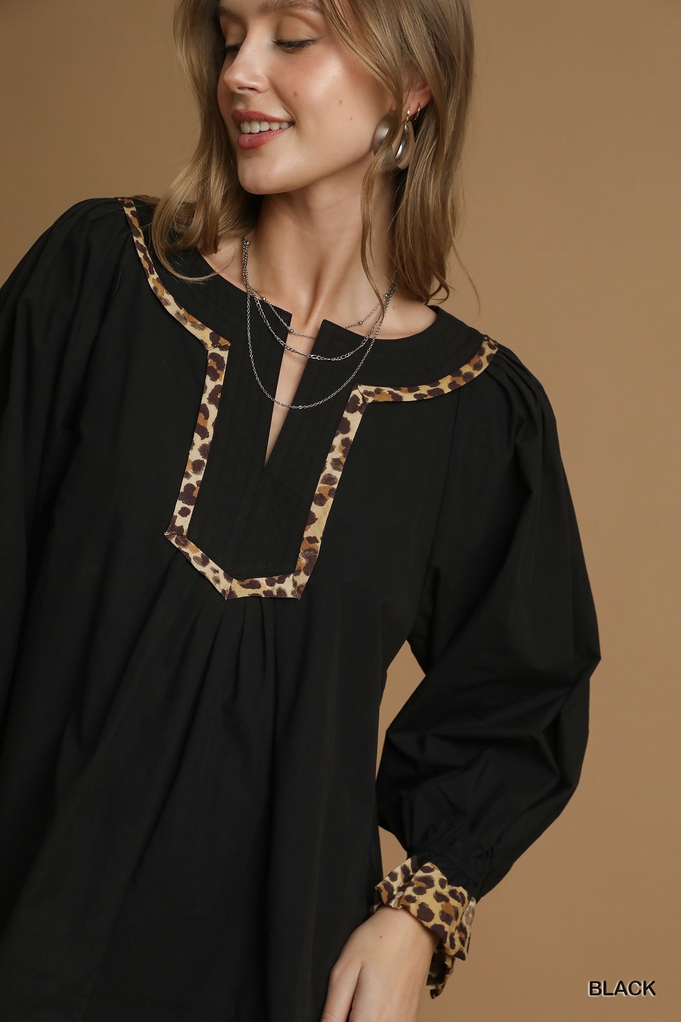 Black Long Sleeve Top w/ Leopard Trim