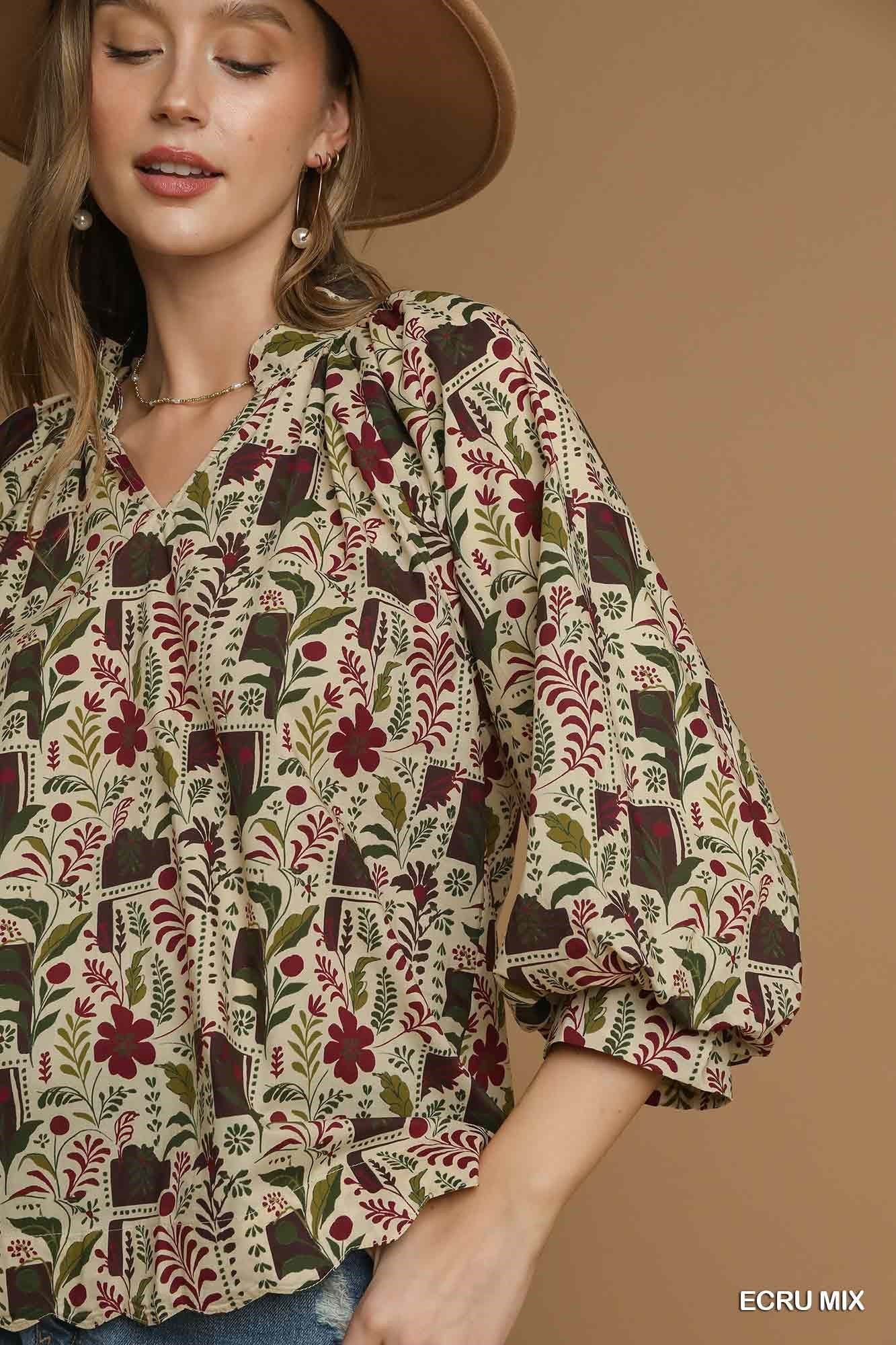 Ecru Mix Floral Print Scallop Hem Blouse