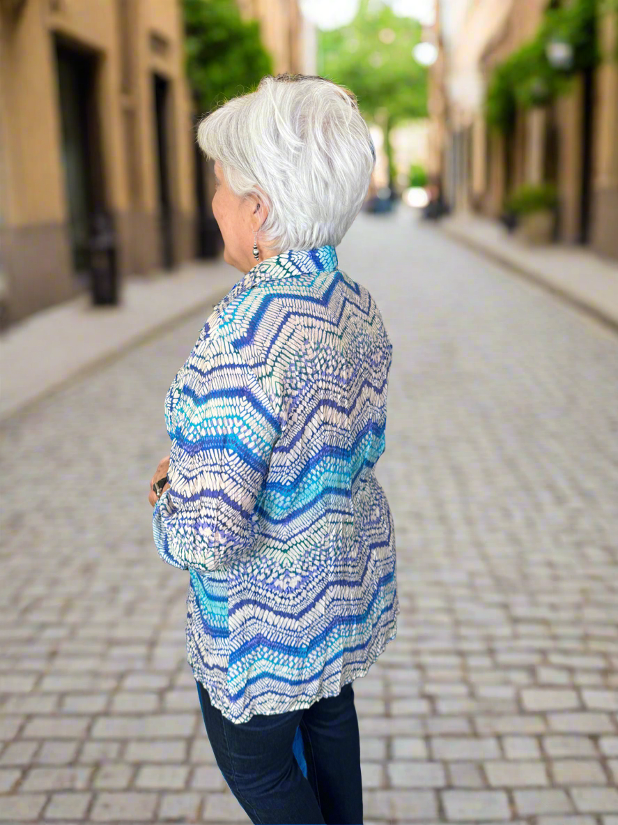 Shades of Turquoise & Blue Button Front Top by Ethyl