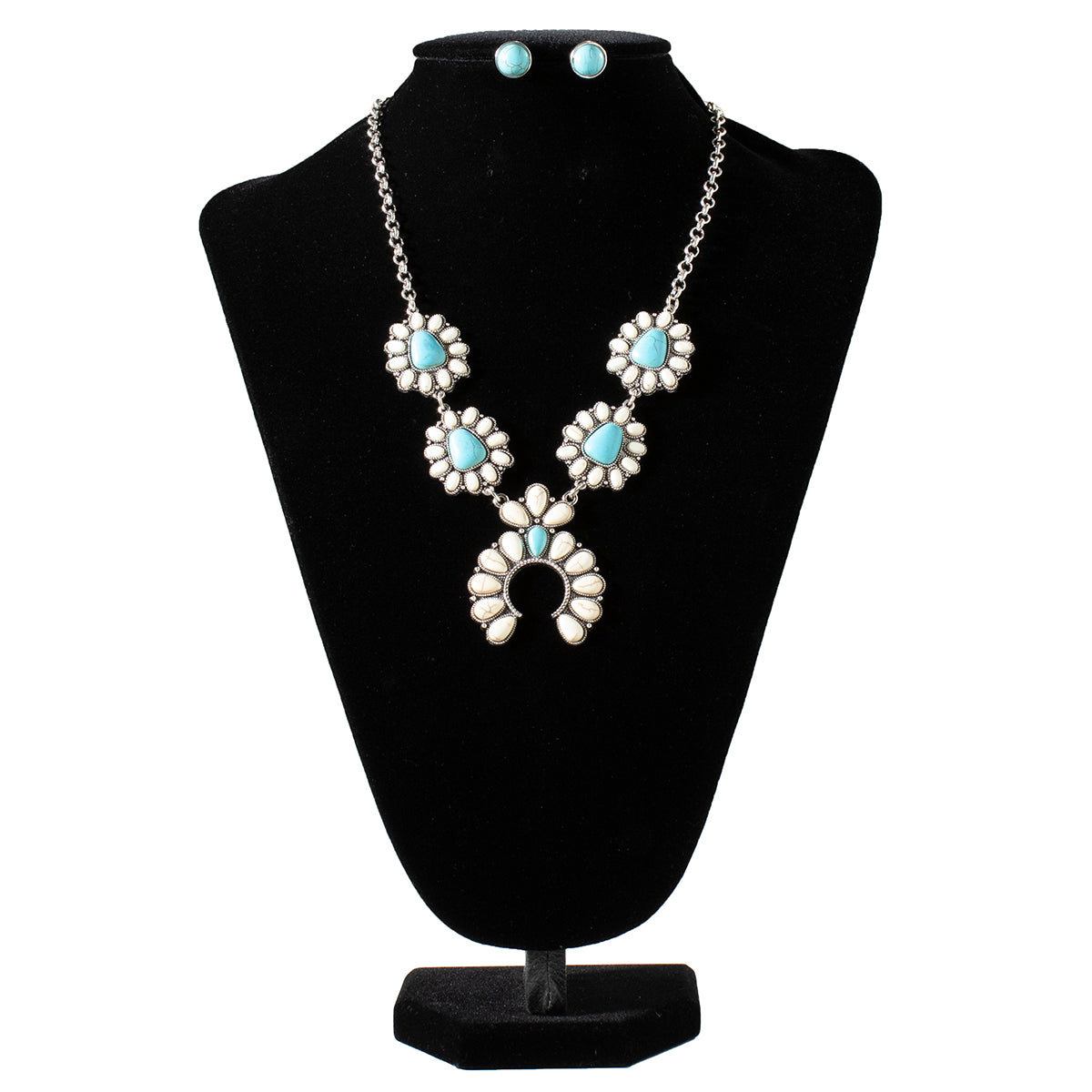 Silver Strike Ladies Turquoise Squash Blossom Pendant Earrings and Necklace Set