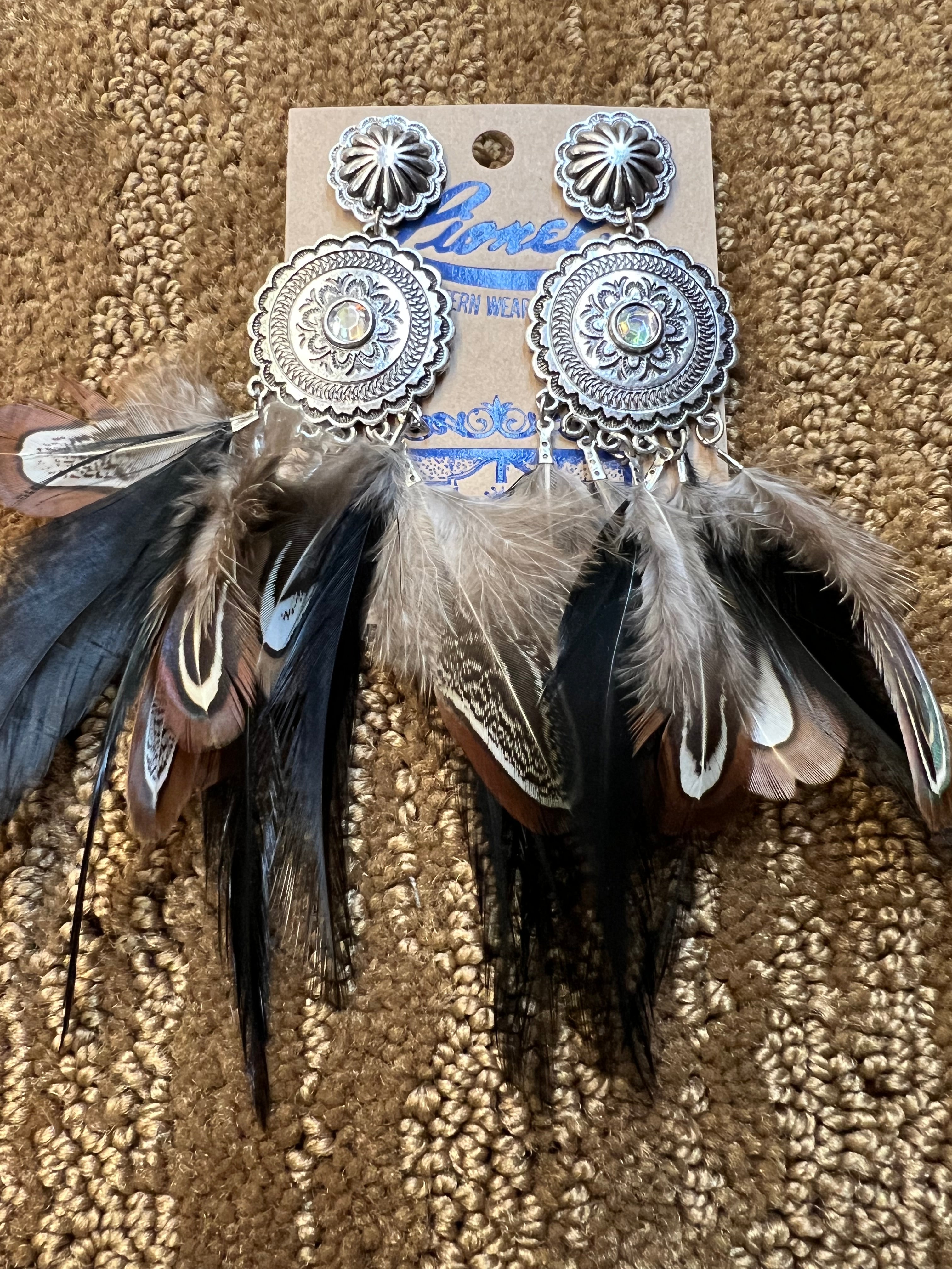 Black & Brown Feather & Concho Earrings