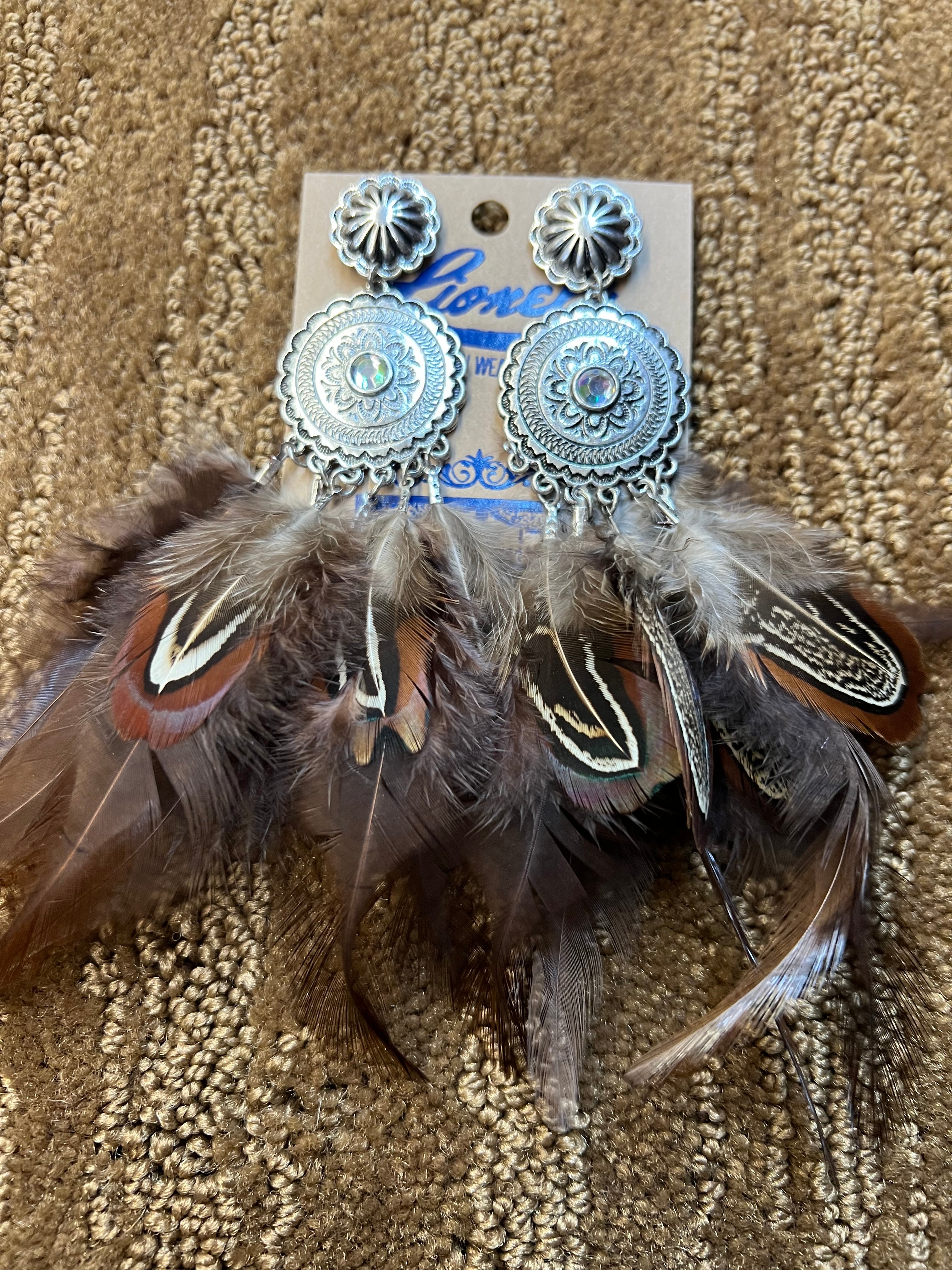 Brown Feather & Concho Earrings