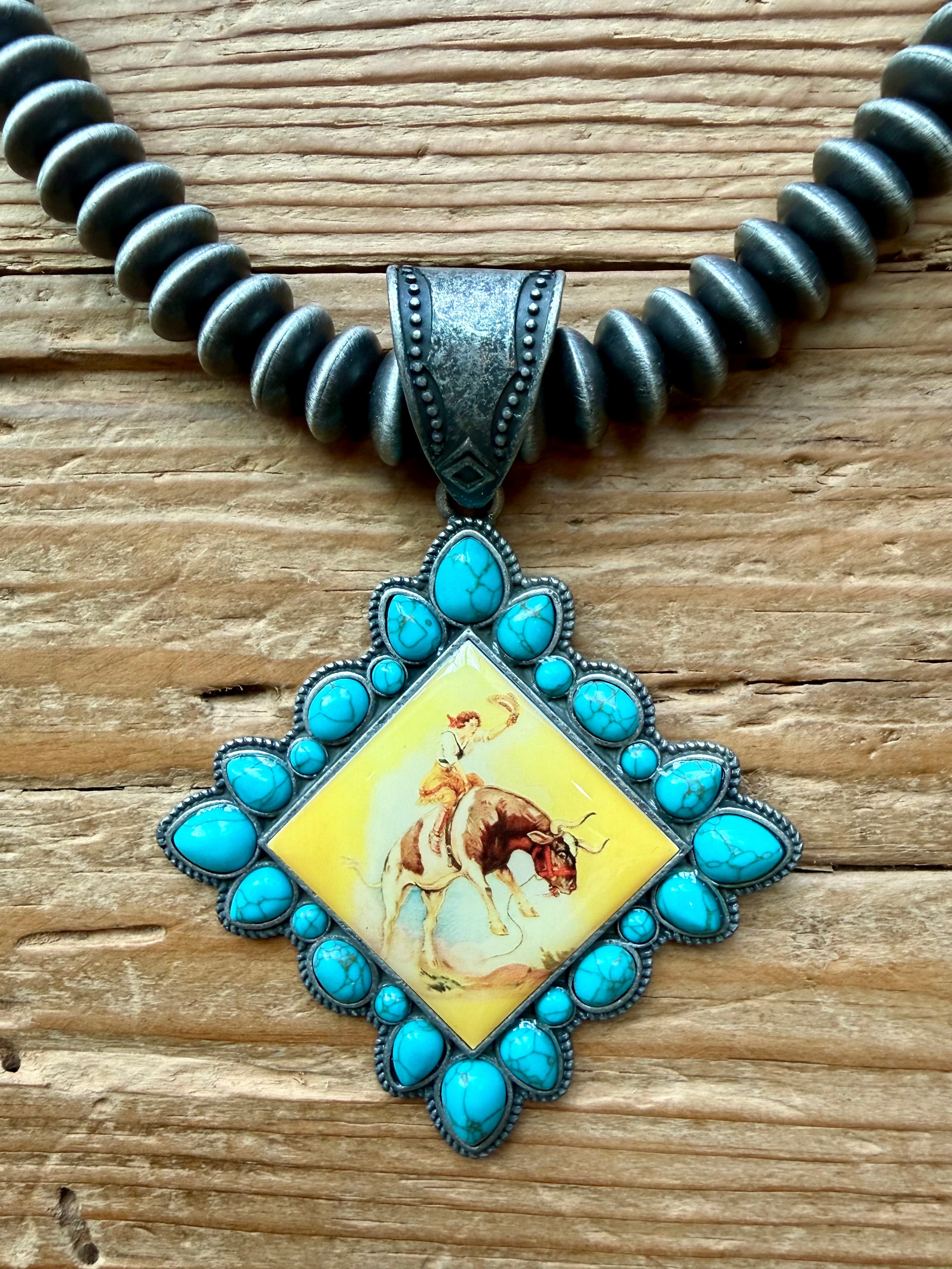 Vintage Western Scene Pendant on Faux Navajo Pearls w/ Earrings/Light Background